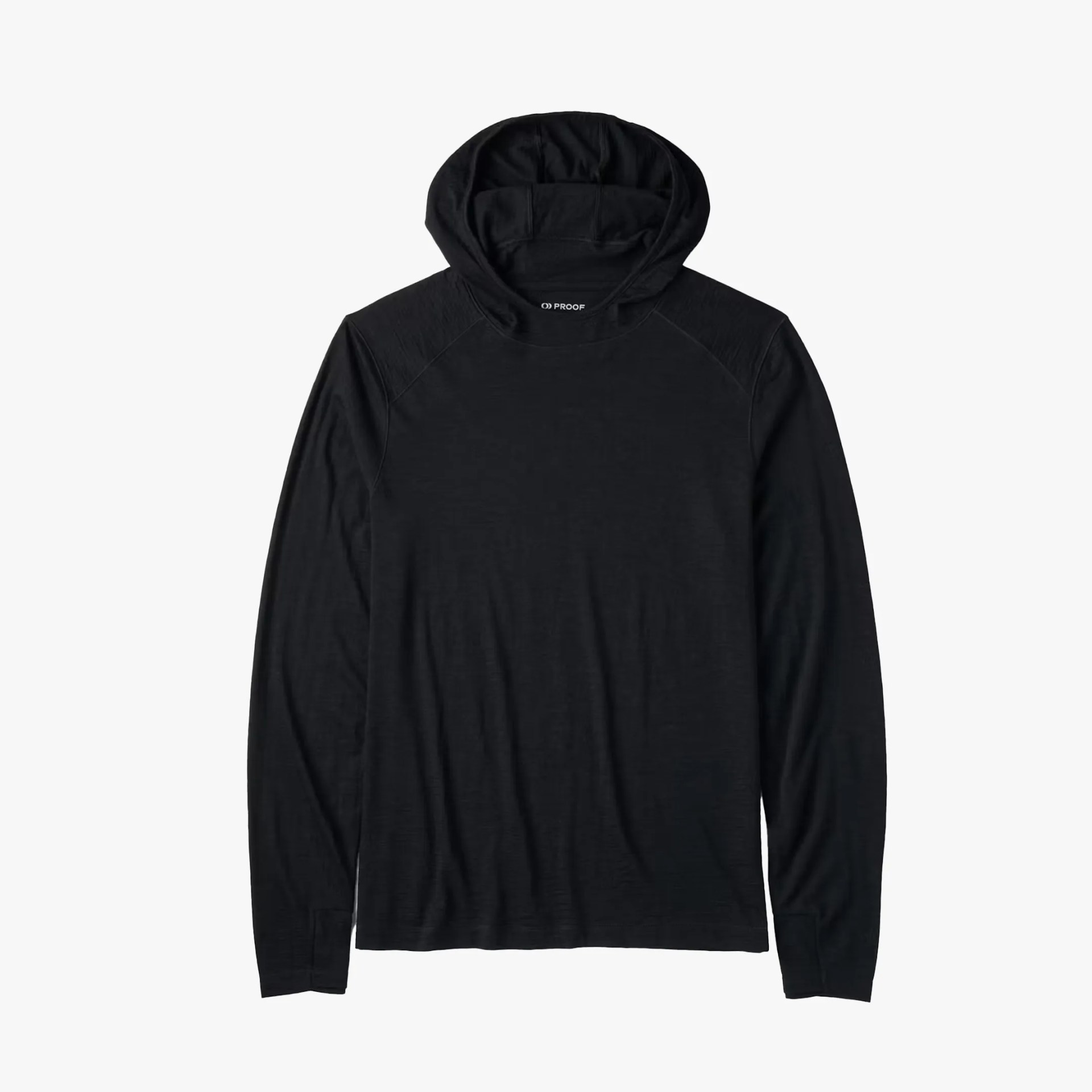 Black long-sleeve hooded shirt with a slim fit and raglan sleeves laid flat.