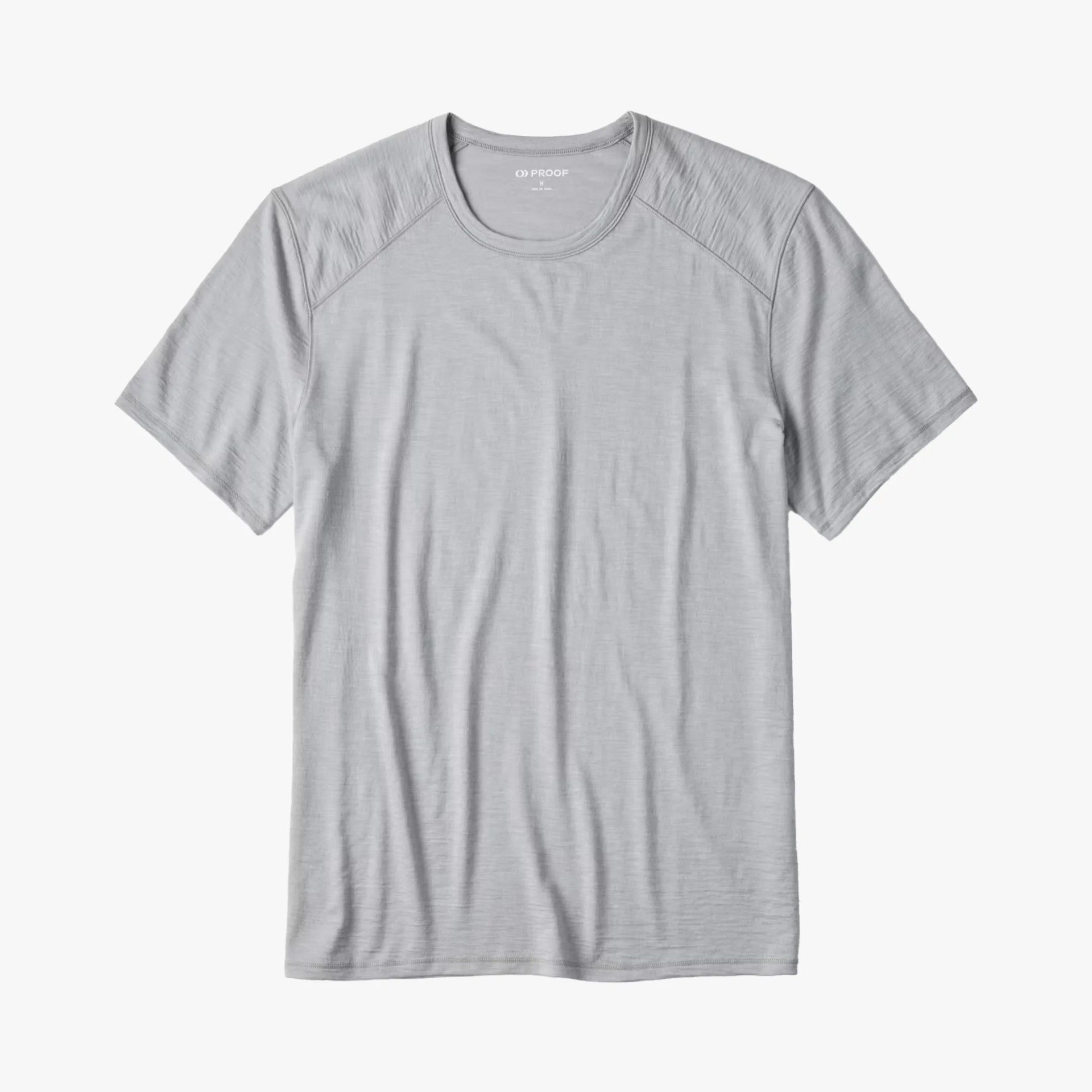 Light gray short-sleeve crew neck t-shirt with raglan sleeves laid flat on a white background.