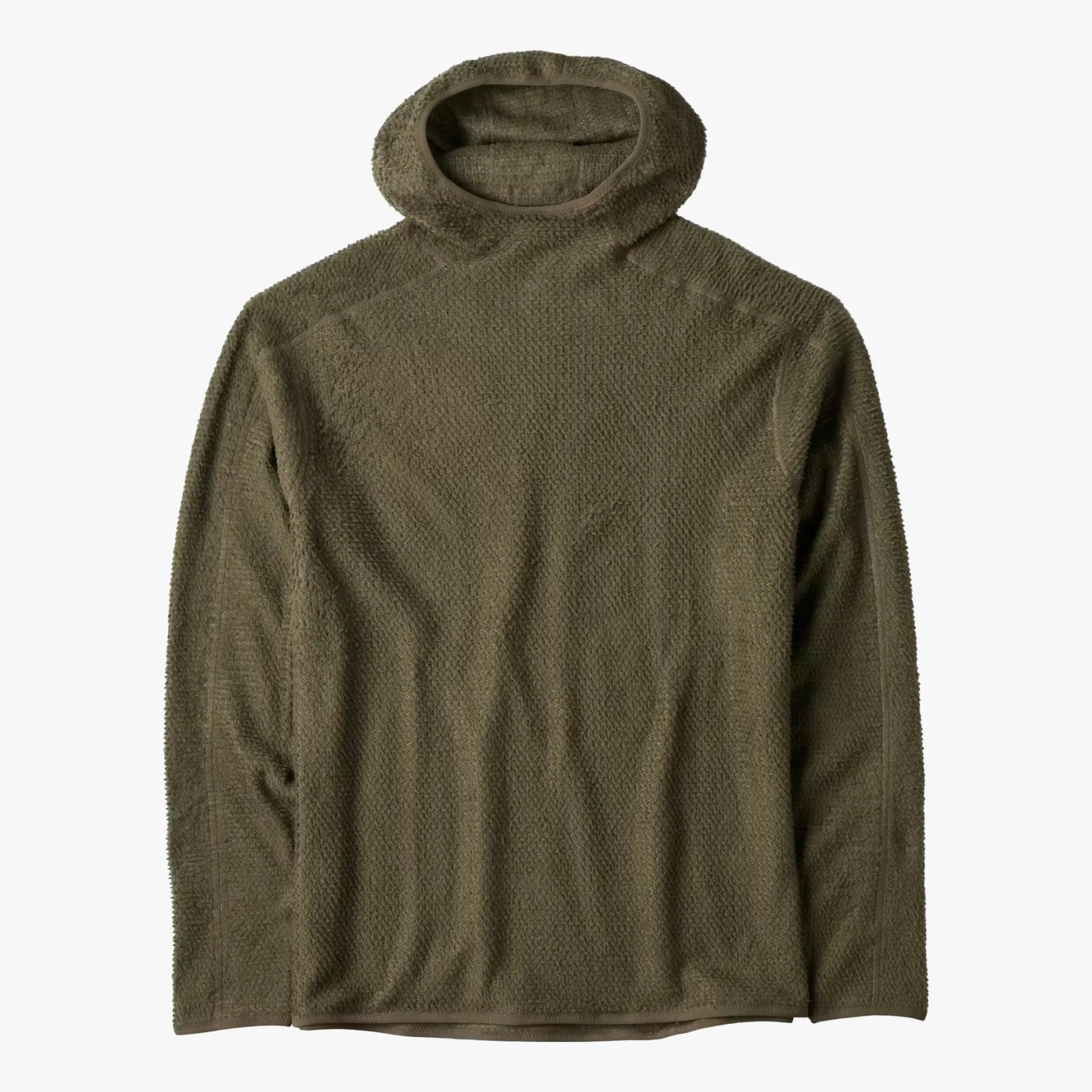 Olive green textured fleece pullover with a hood and long sleeves.