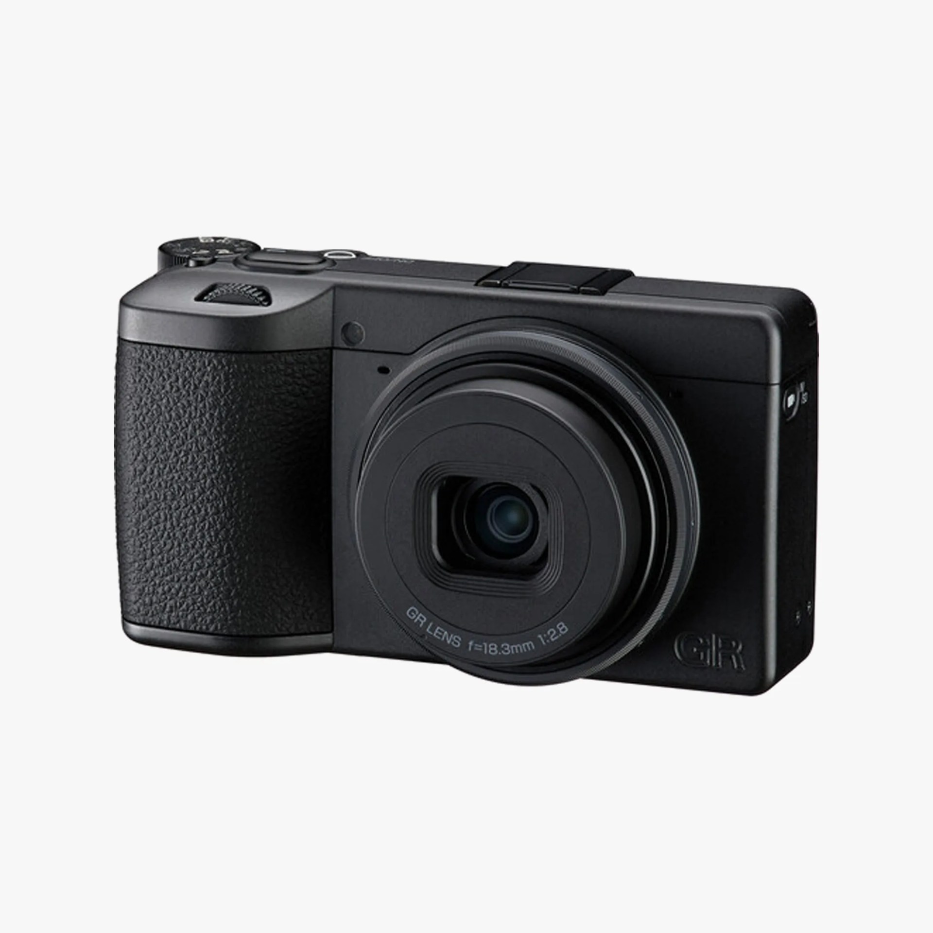 Compact black digital camera with textured grip and GR lens marked 18.3mm f/2.8.