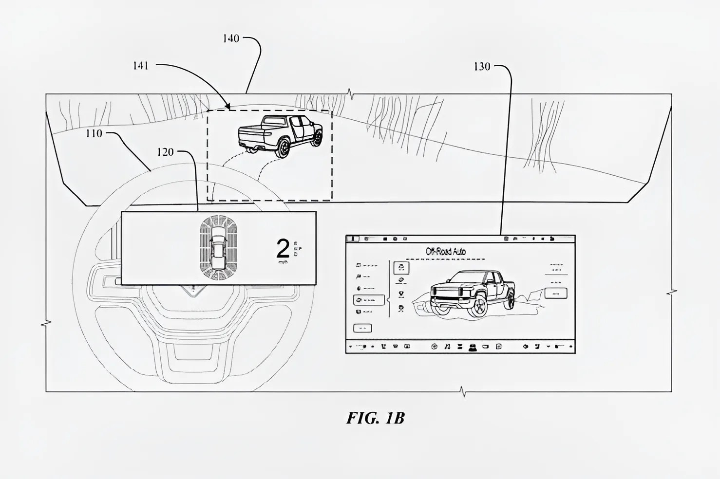 Dashboard schematic showing a steering wheel with a top-down vehicle display and a central screen displaying an off-road vehicle interface.