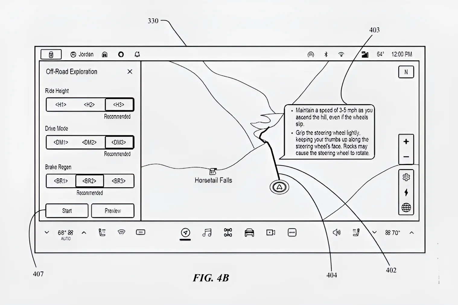 Car touchscreen display showing off-road exploration settings and a map with navigation instructions.