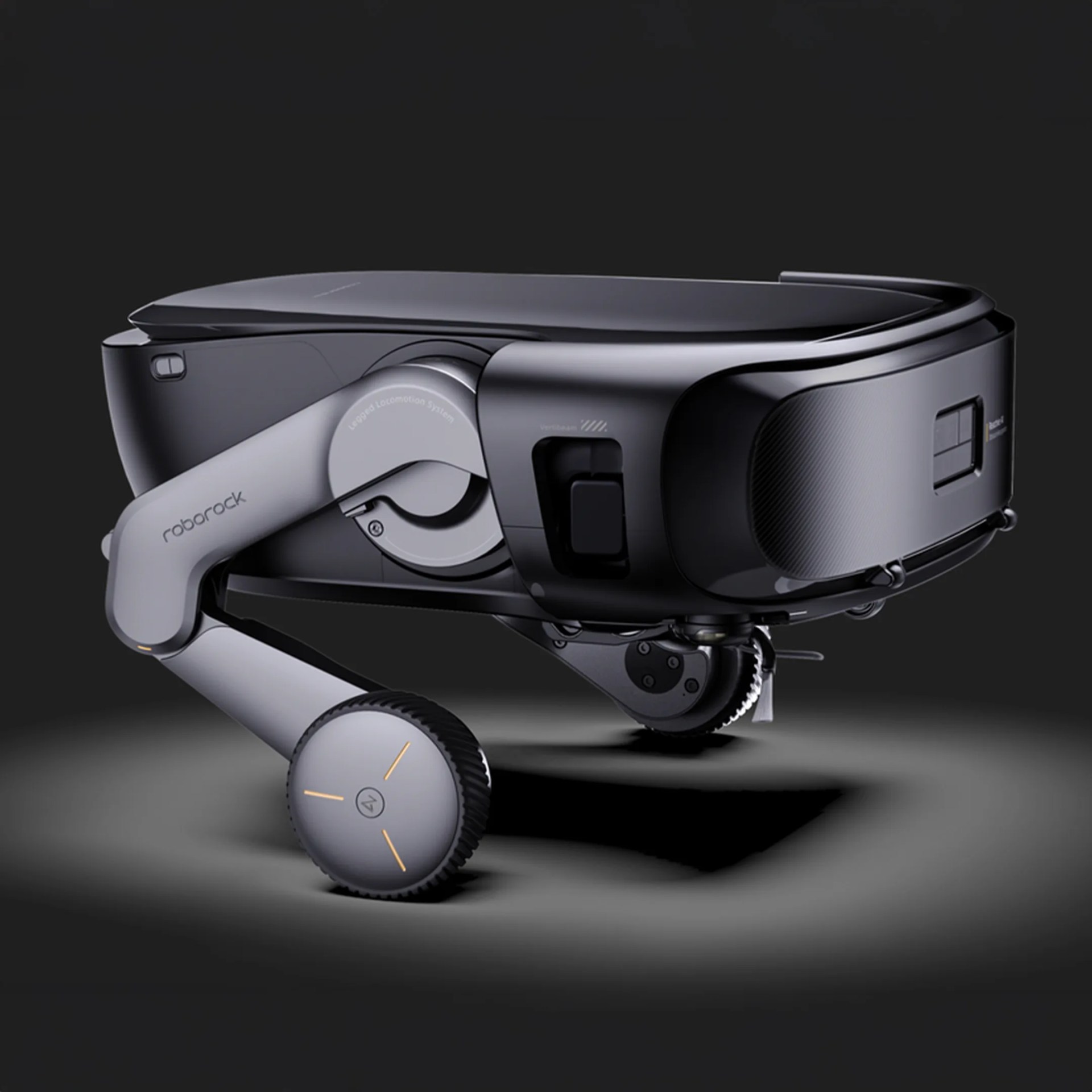 Roborock robotic vacuum with articulated arm and large wheels in a dark setting.