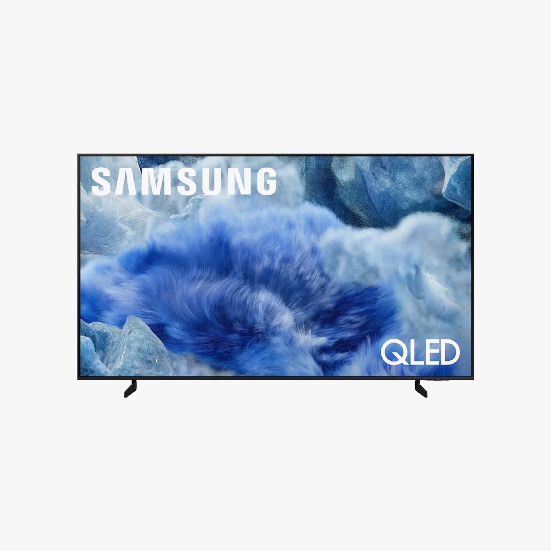 Samsung QLED flat-screen TV with thin black bezel and blue abstract image on screen.