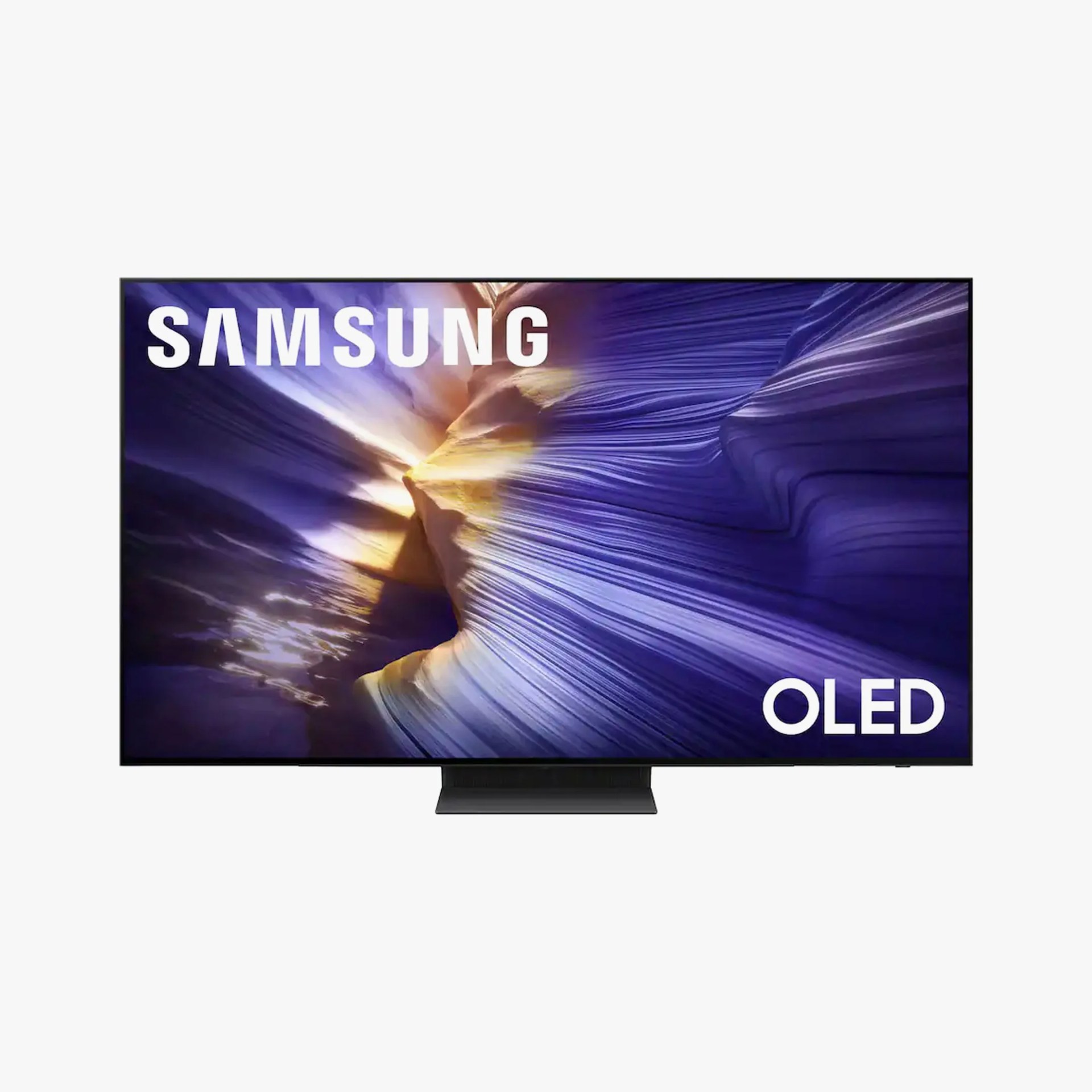 Samsung OLED flat-screen TV with a black stand displaying a colorful abstract image.