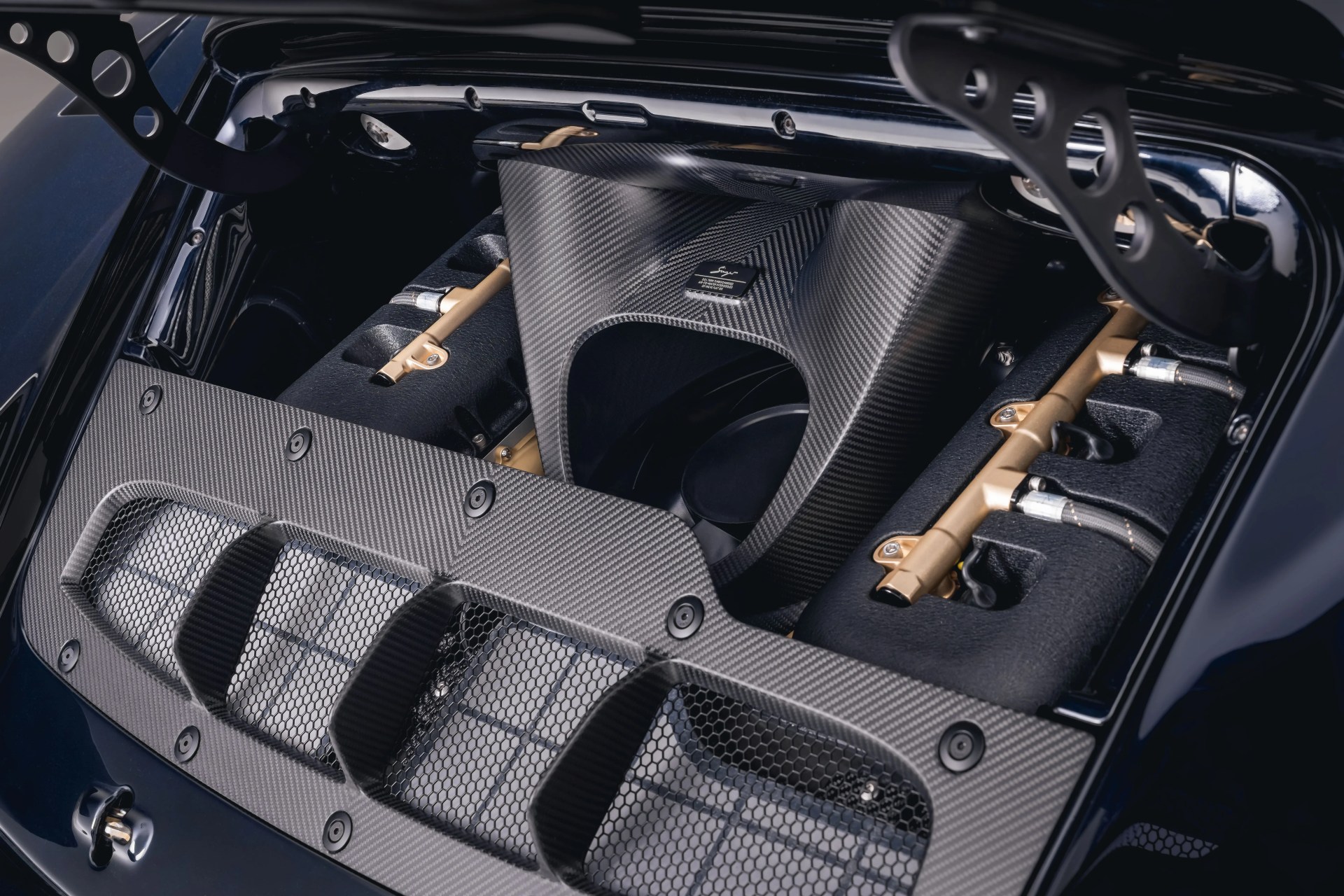 Close-up of a car engine bay featuring carbon fiber components and gold-colored fuel rails.