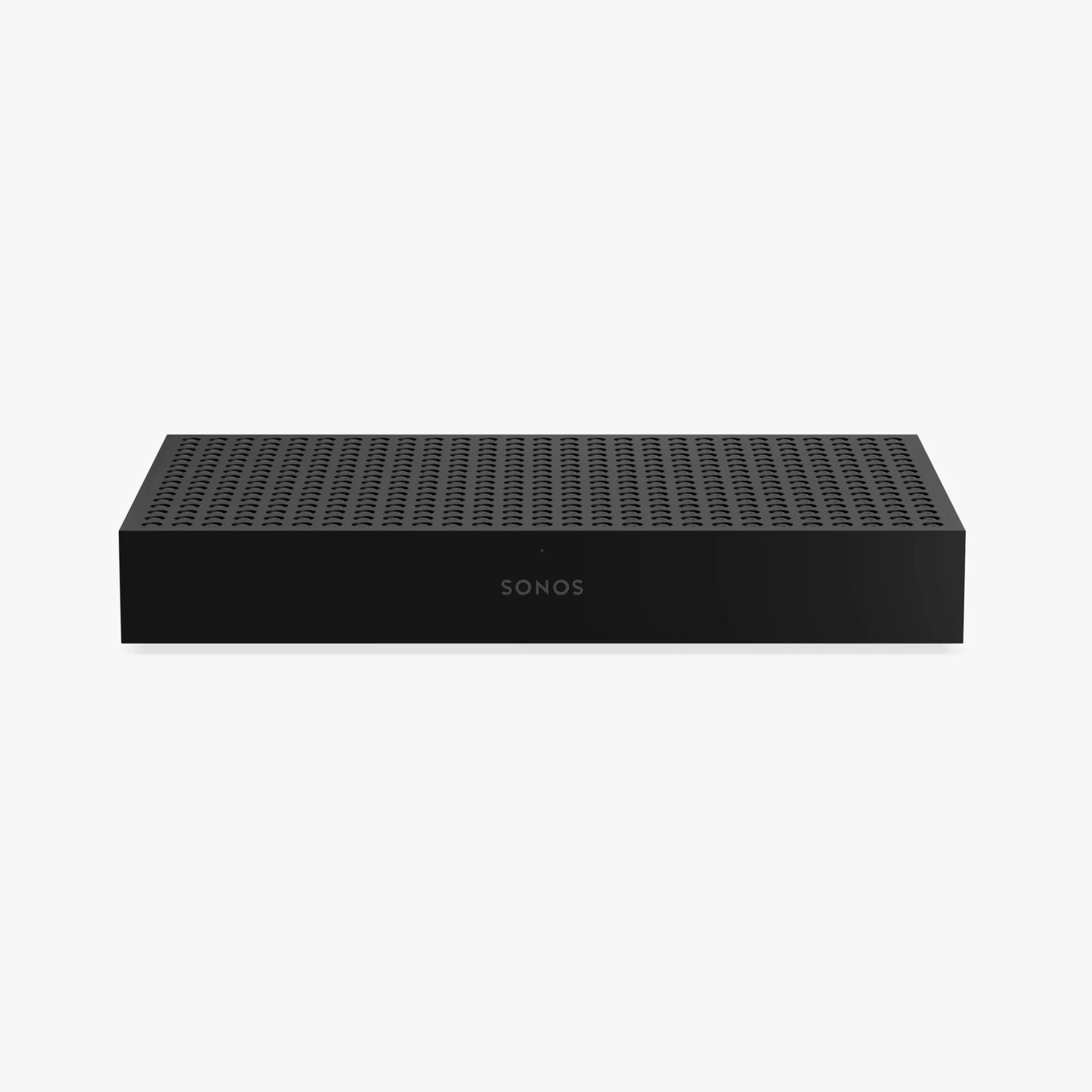 Black rectangular Sonos speaker with perforated top grille on a white background.