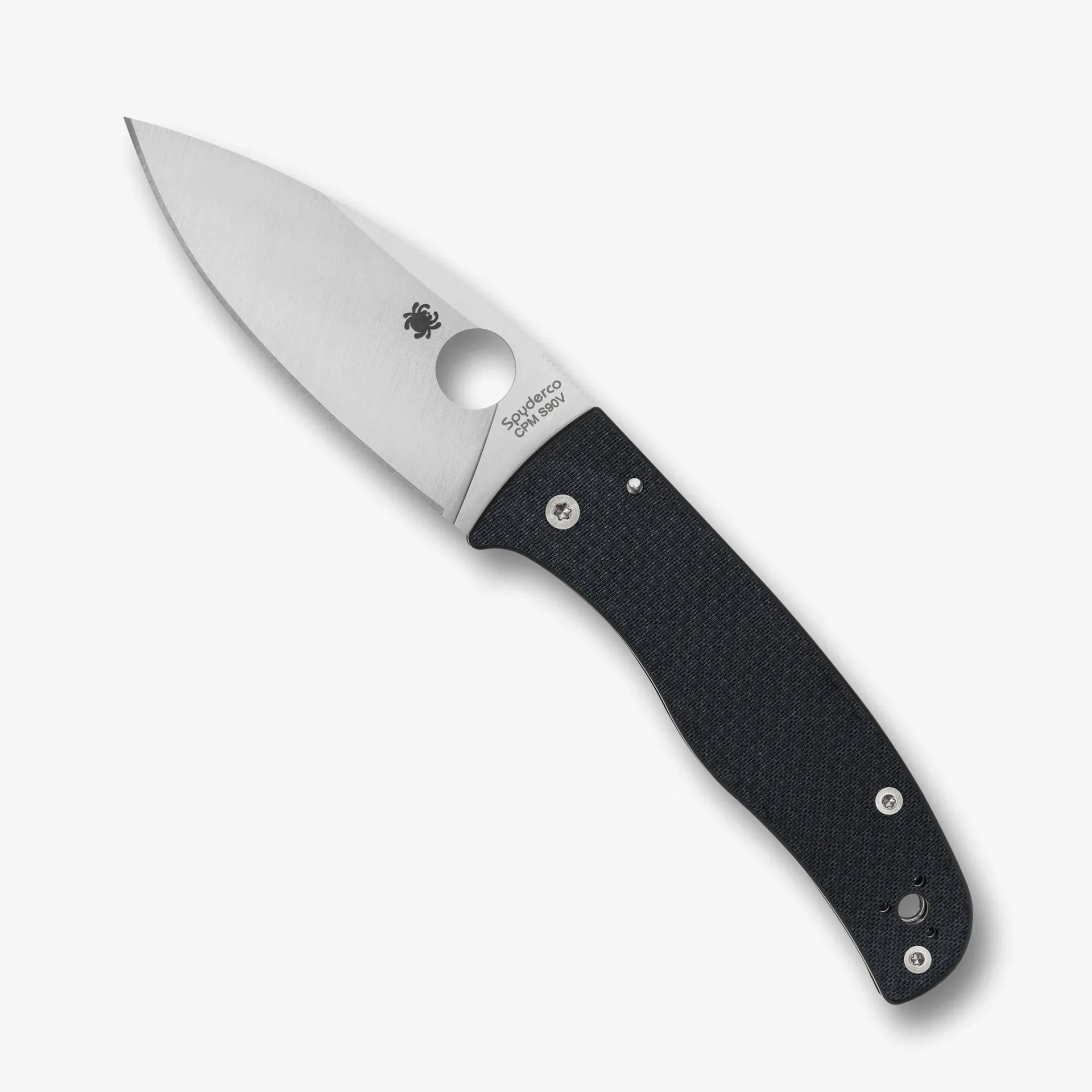 Folding knife with a silver blade marked "Spyderco CPM S90V" and a textured black handle.