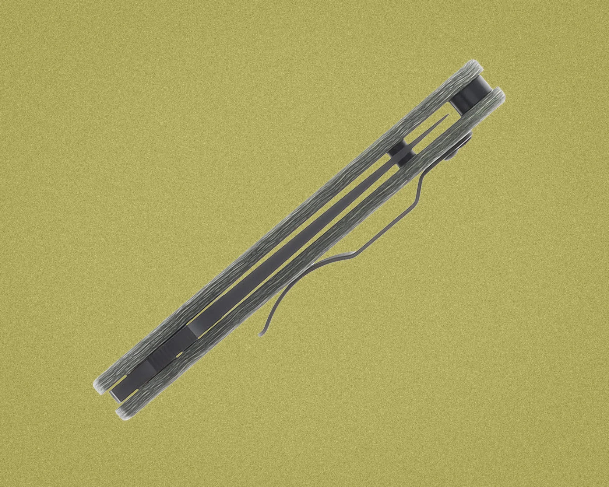 Closed folding knife with textured gray handle and black metal clip on a yellow background.
