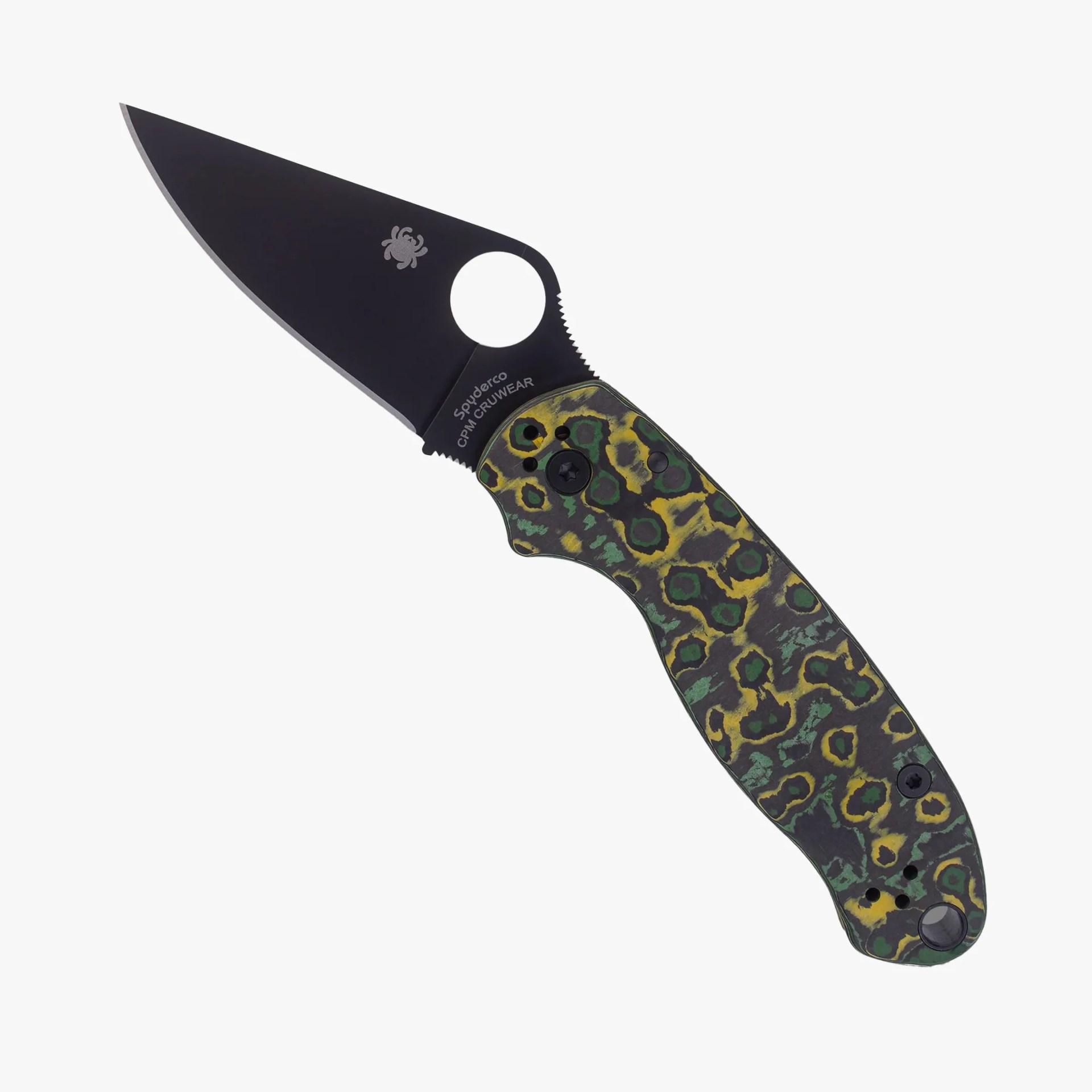 Folding knife with black blade and green, yellow, and black patterned handle.