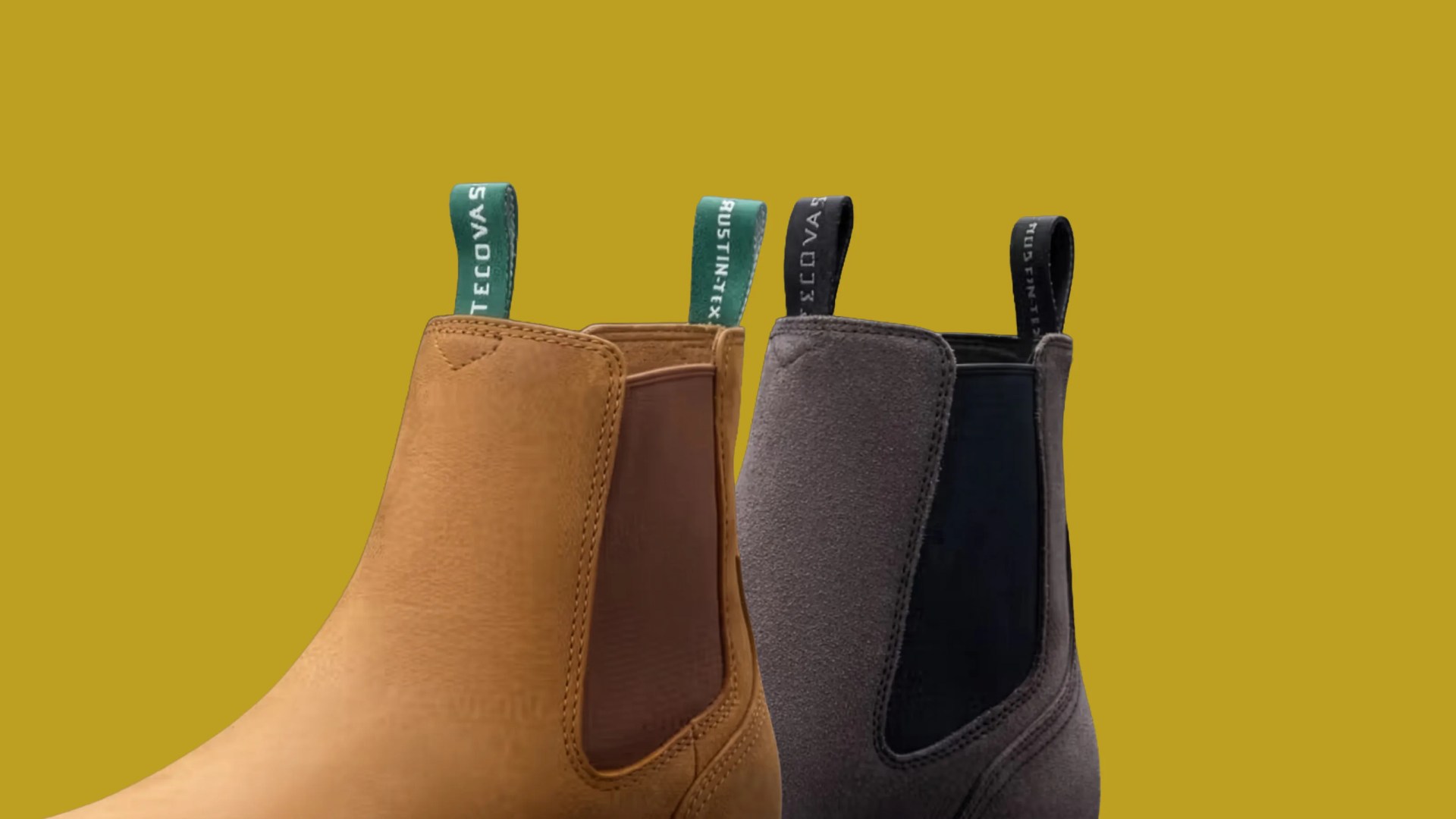Close-up of two ankle boots, one tan leather and one gray suede, each with a green or black pull tab on a mustard yellow background.