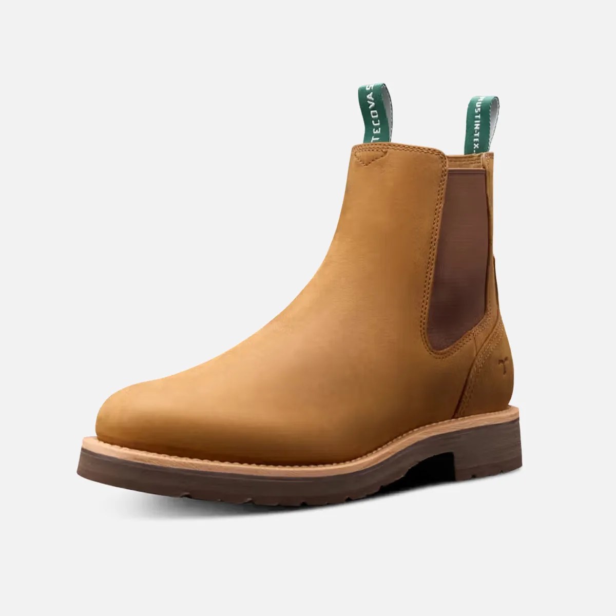 Tan leather Chelsea boot with brown elastic side panels and green pull tabs.