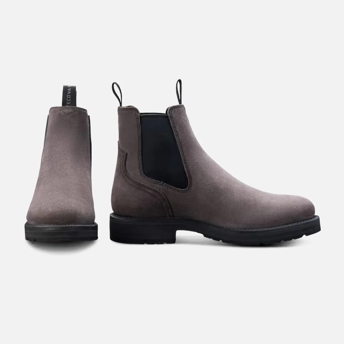 Pair of gray suede Chelsea boots with black elastic side panels and black soles on a white background.