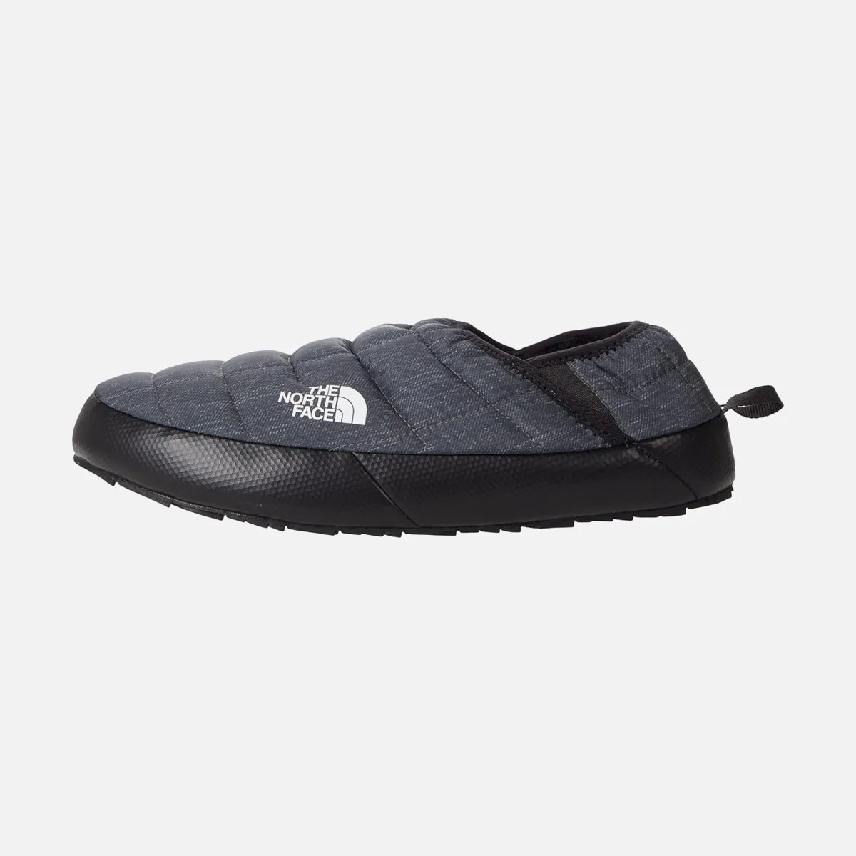 Black and dark gray quilted slip-on slipper with "The North Face" logo on the side.