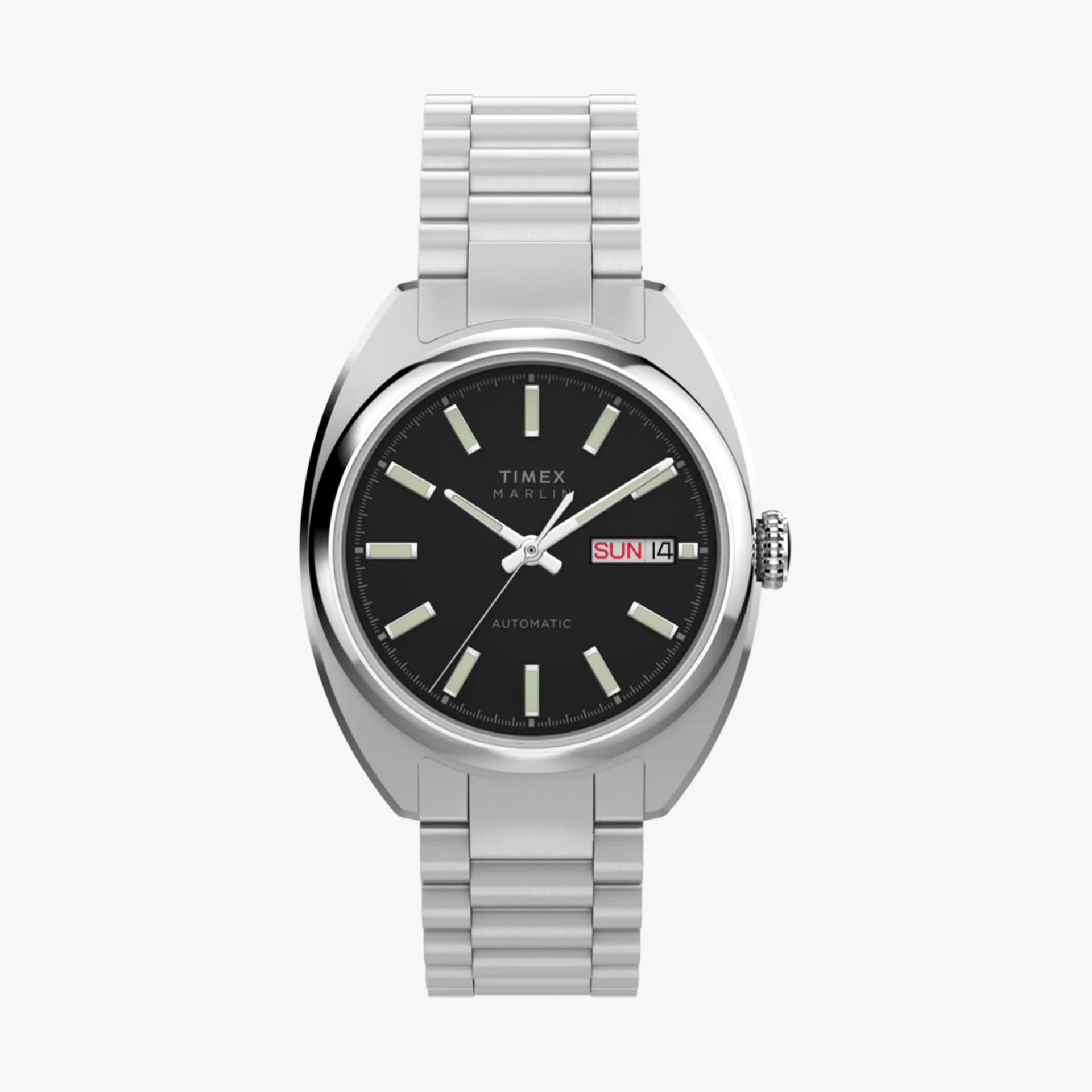 Silver stainless steel Timex Marlin automatic wristwatch with black dial and day-date display.