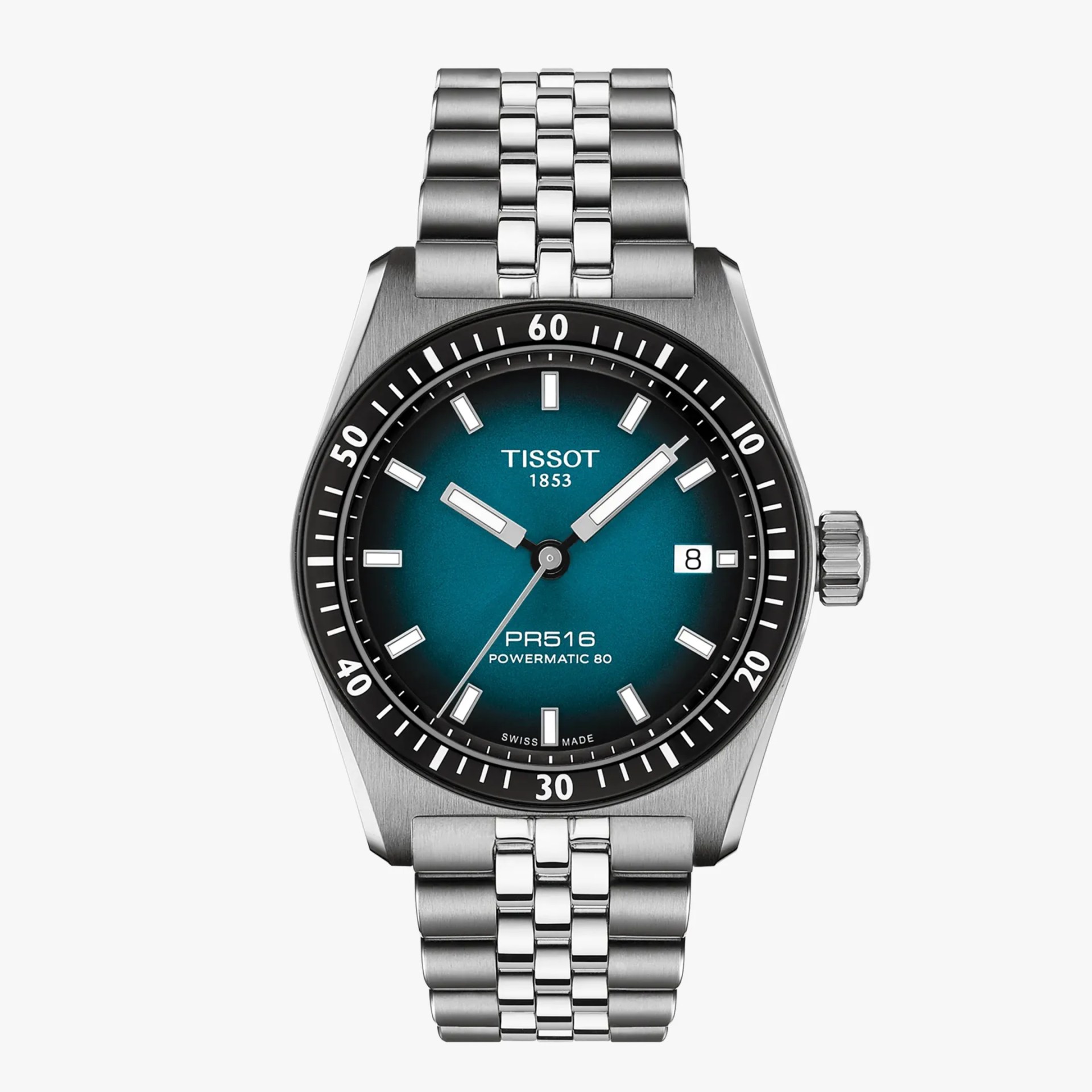 Silver Tissot PR516 Powermatic 80 wristwatch with blue dial, black bezel, and stainless steel bracelet.
