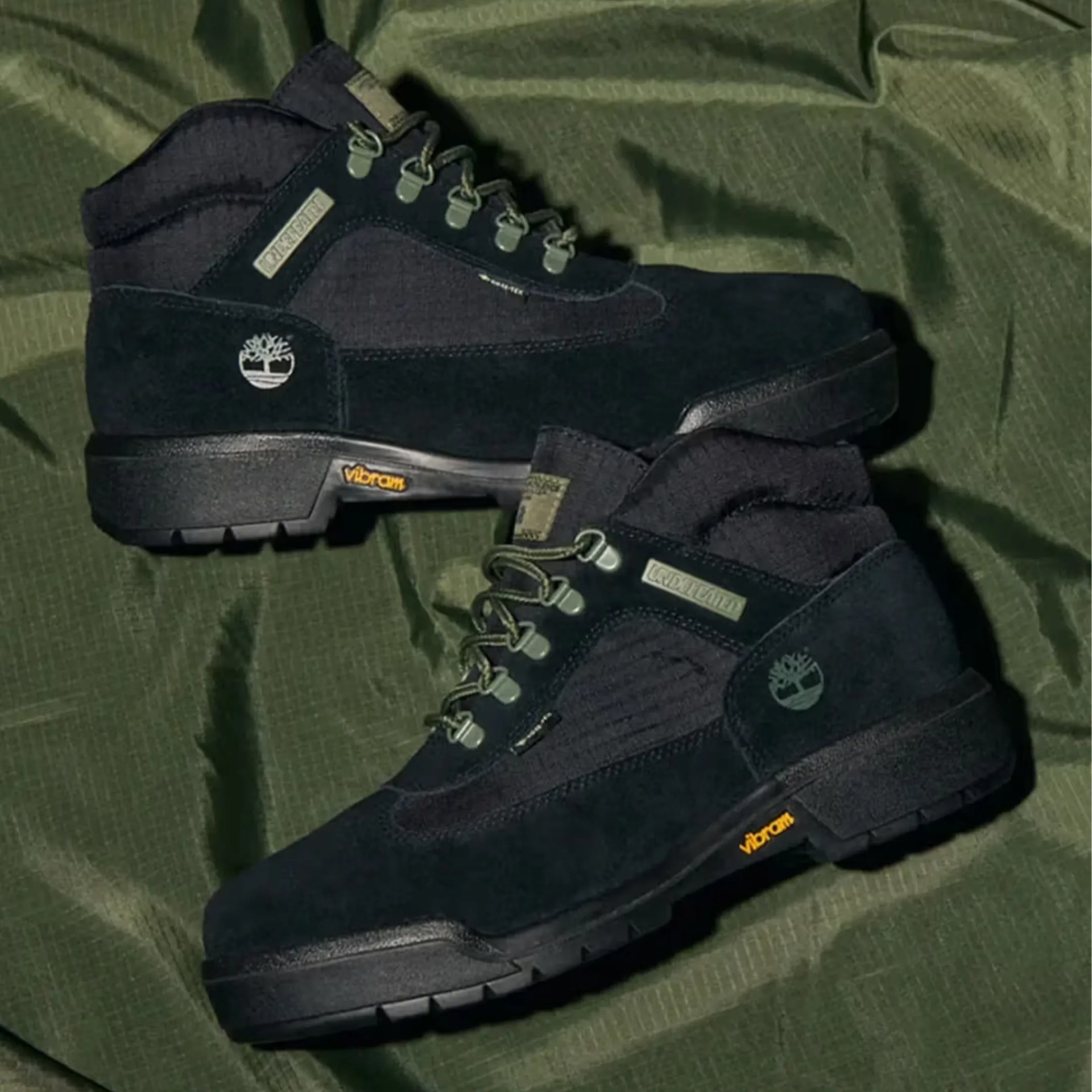 Pair of black Timberland hiking boots with Vibram soles on green fabric background.