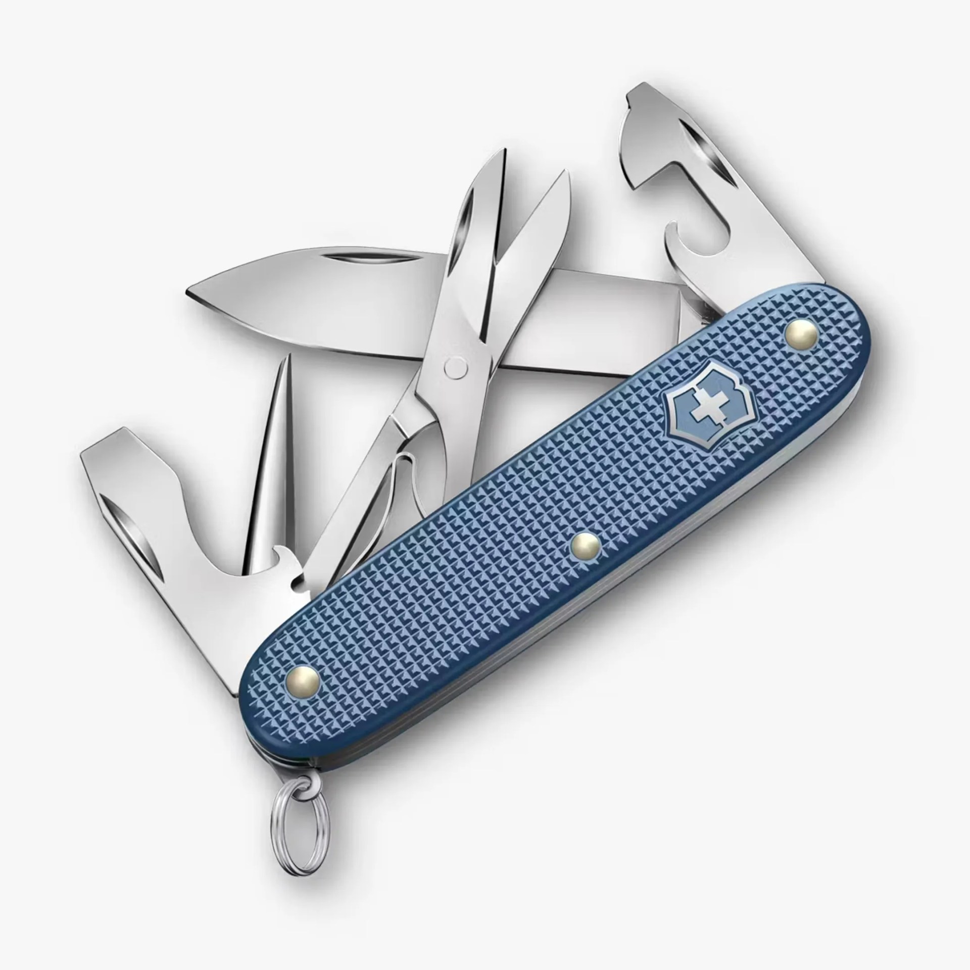 Blue Swiss Army knife with textured handle and multiple open tools including blade, scissors, and bottle opener.