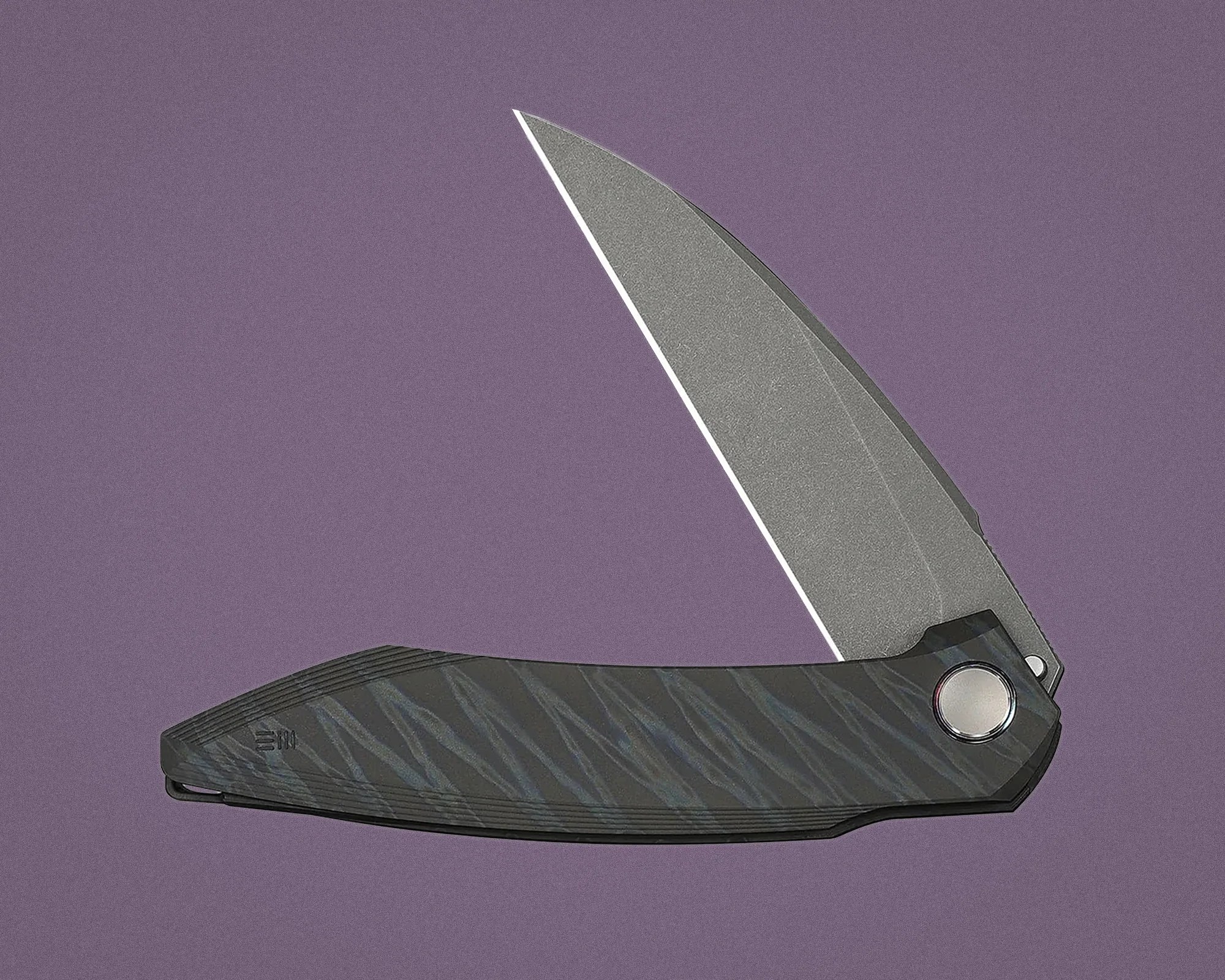 Folding knife with partially open stonewashed blade and textured dark gray handle on purple background.