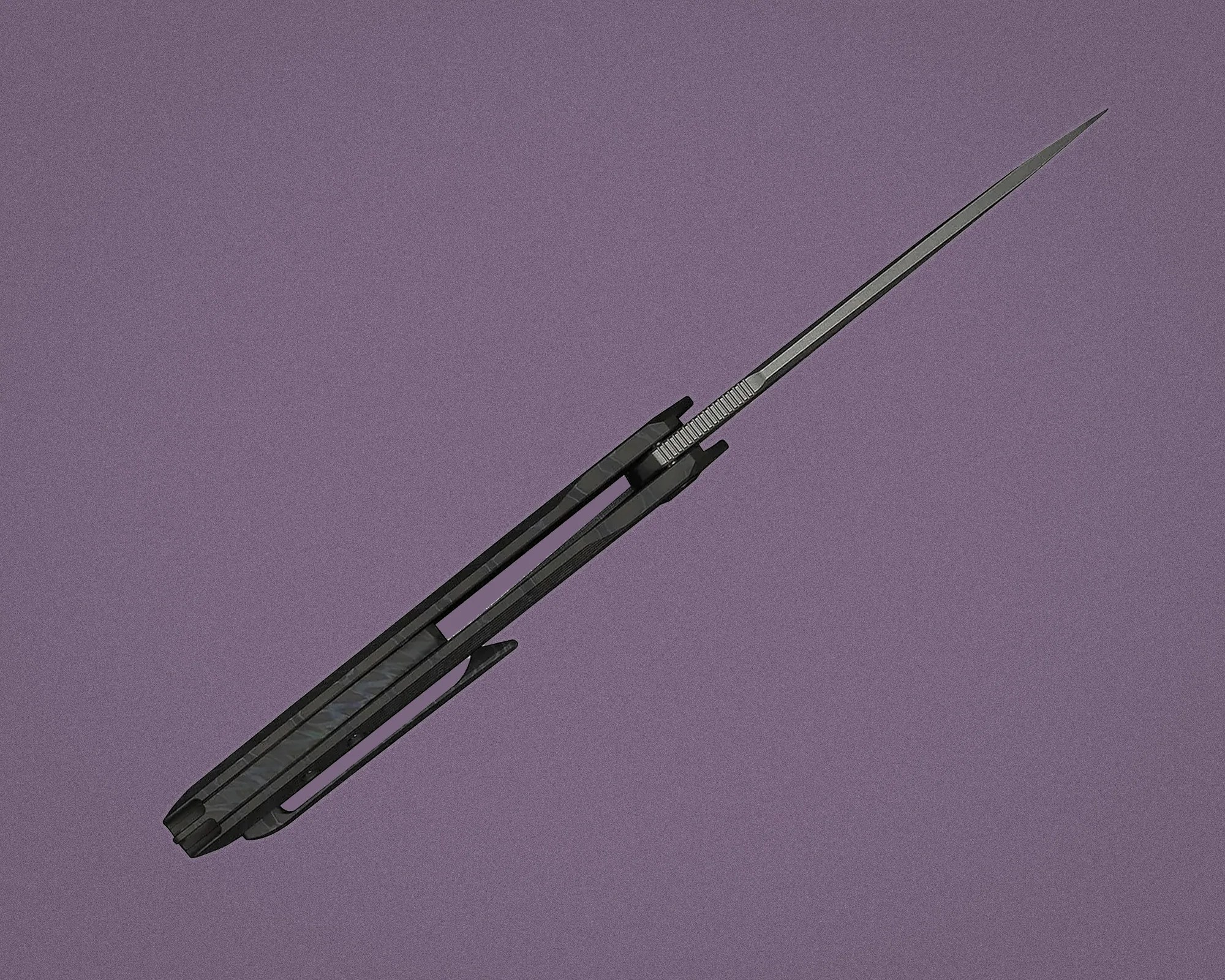 Black folding knife with a slim, pointed blade extended against a purple background.