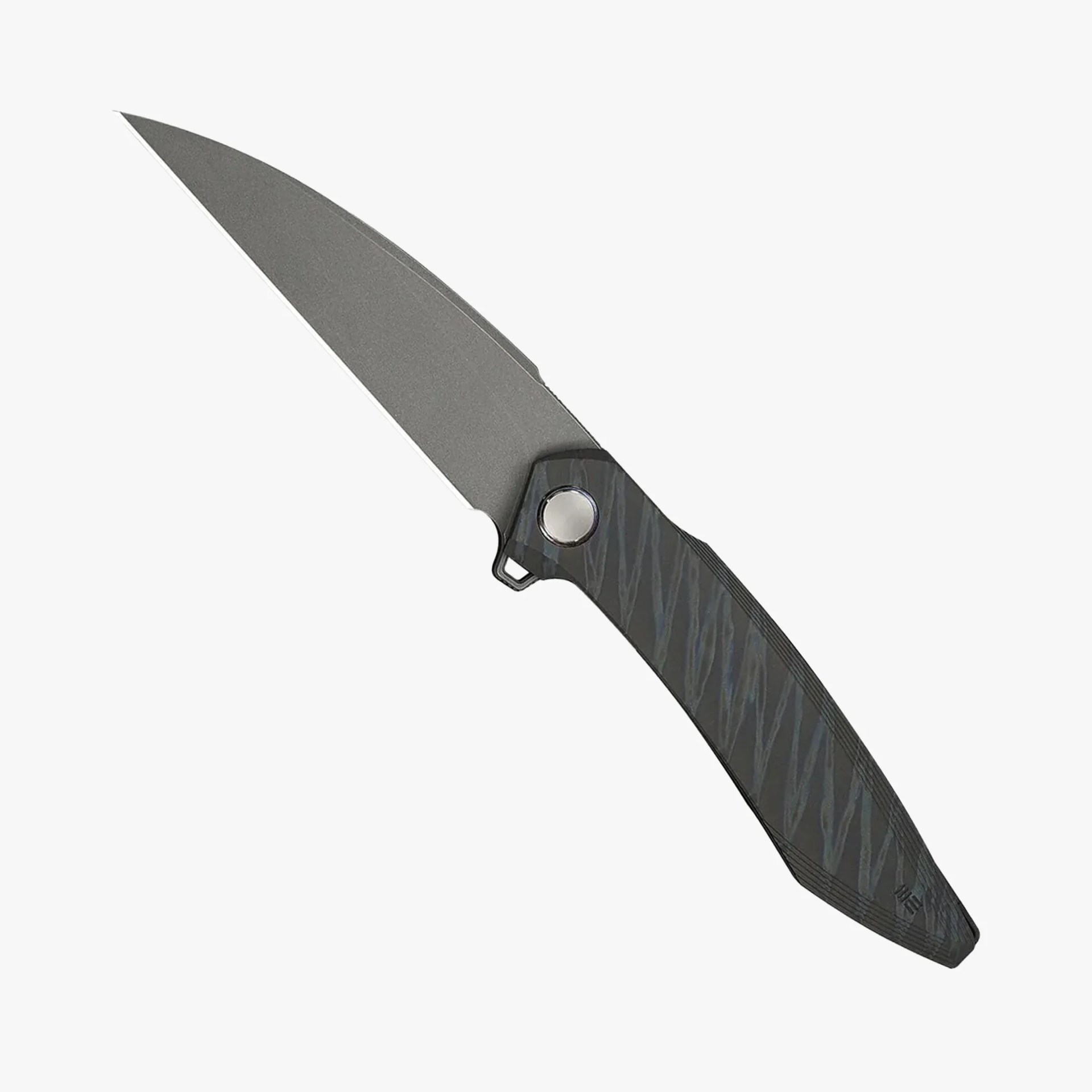 Folding knife with a matte gray blade and a textured black handle with a subtle pattern.