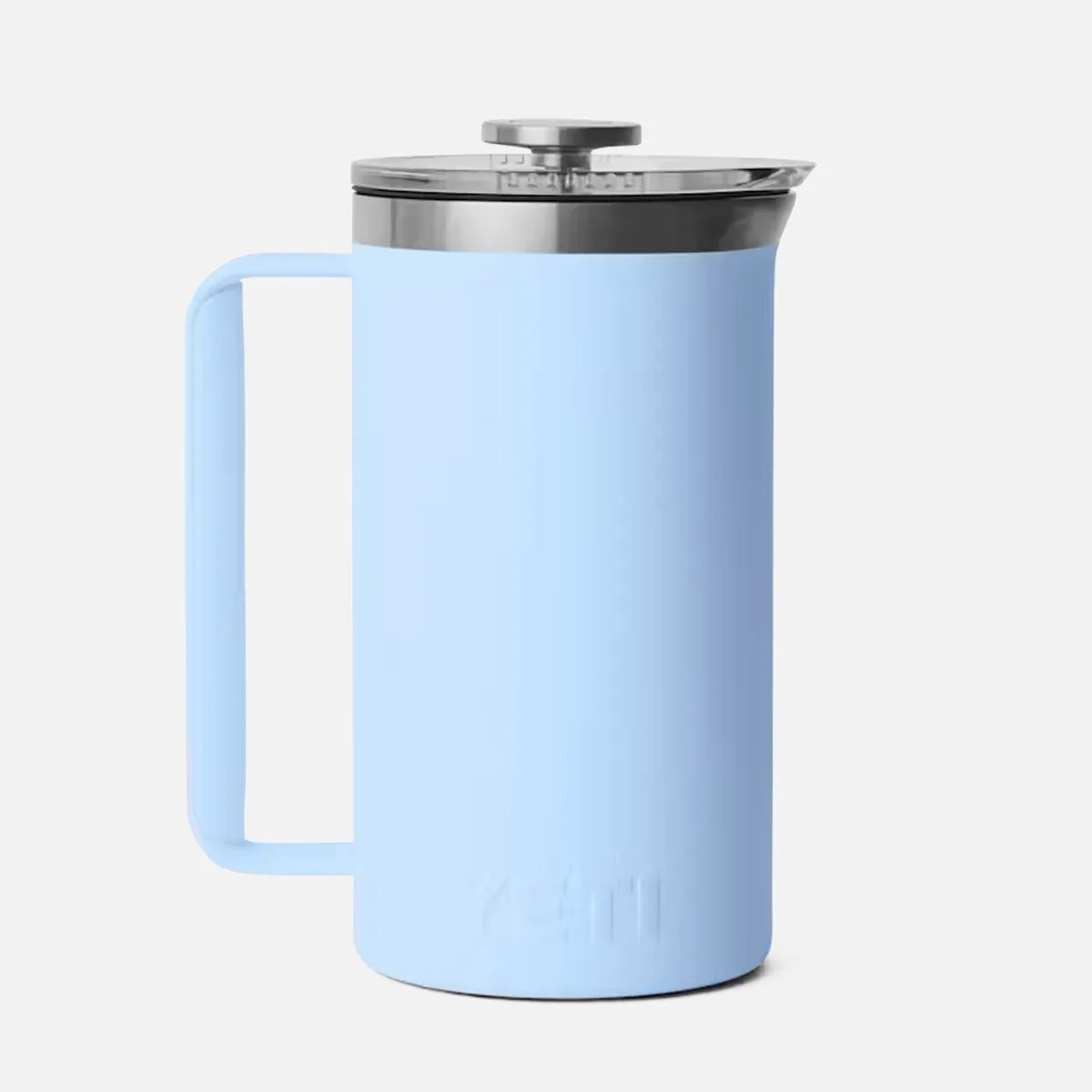 Light blue insulated French press with stainless steel lid and plunger.