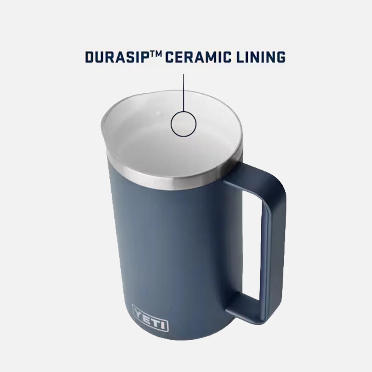 Blue YETI mug with a large handle and white DuraSip ceramic lining inside.