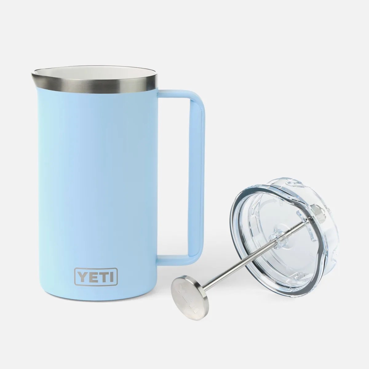 Light blue YETI insulated French press with stainless steel rim and clear plastic plunger lid on a white background.
