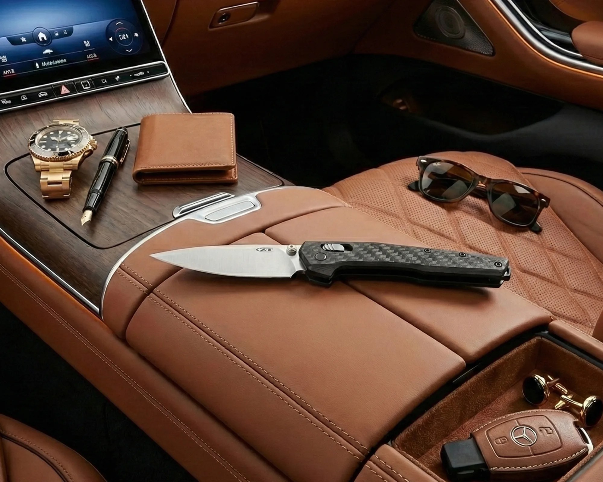 Open folding knife with carbon fiber handle on tan leather car armrest next to sunglasses, gold watch, pen, wallet, and Mercedes key fob.