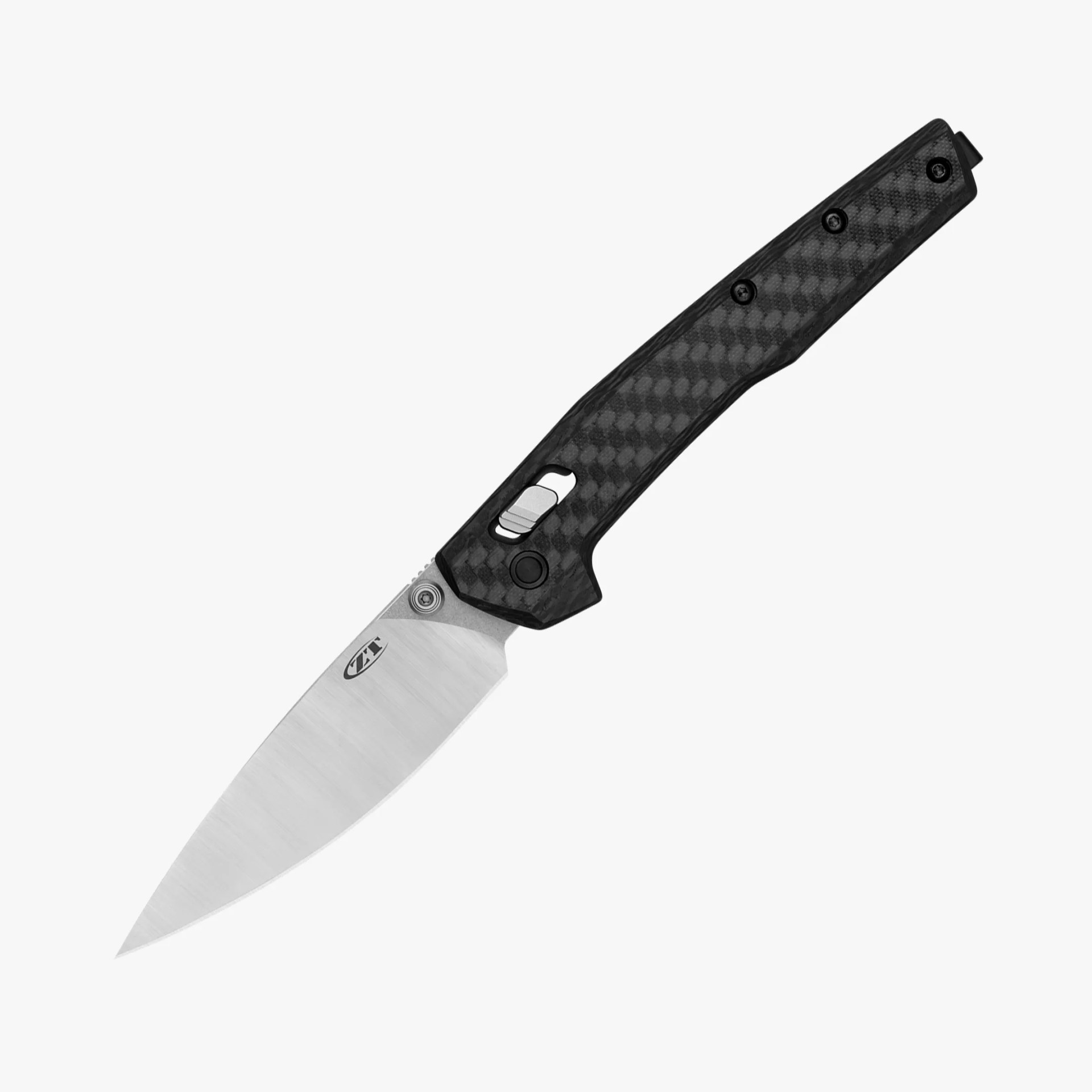 Folding knife with a silver blade and black carbon fiber handle featuring a sliding lock mechanism.