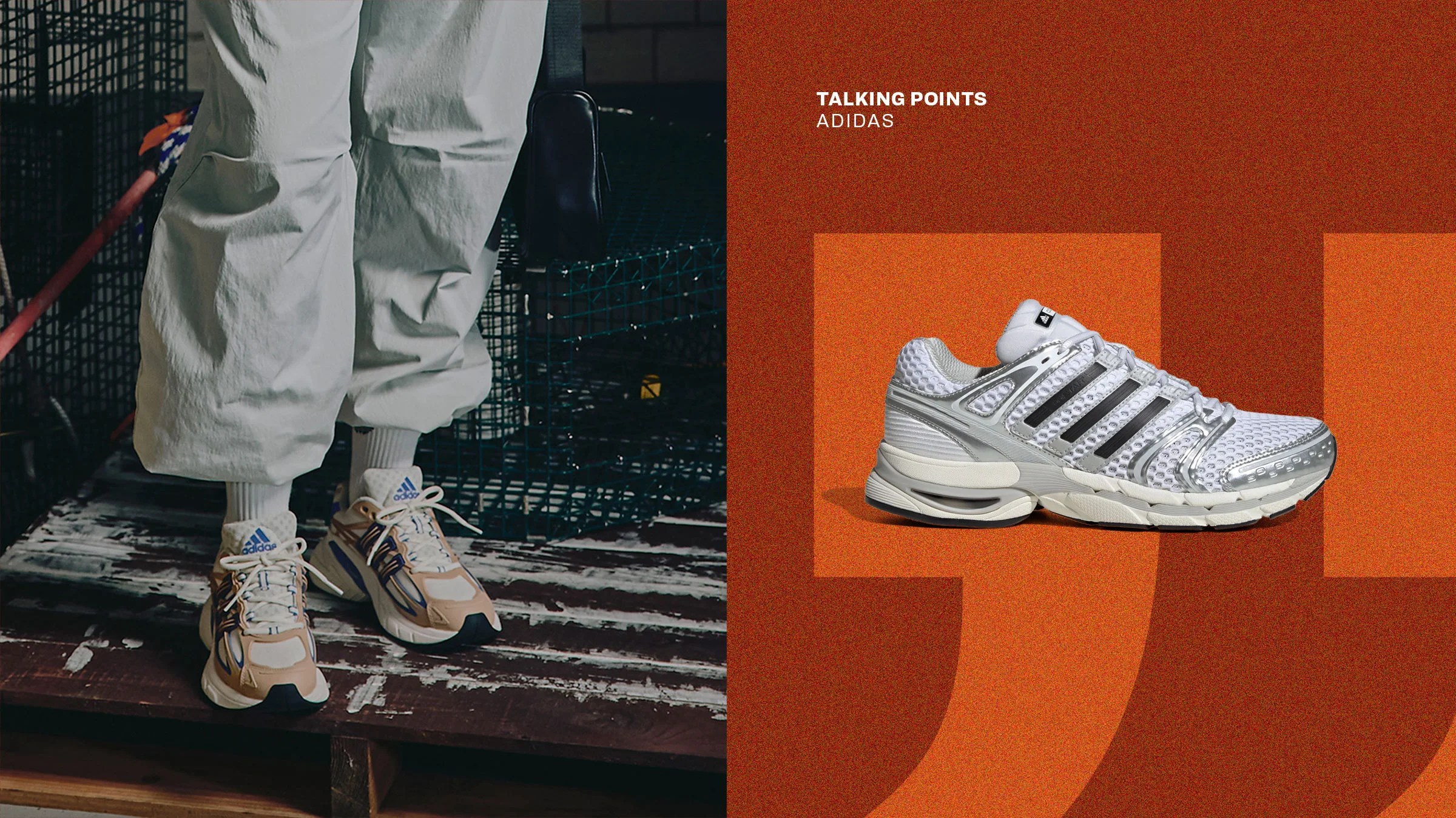 Pair of beige and white Adidas sneakers worn with white pants next to a white and silver Adidas sneaker on an orange background.