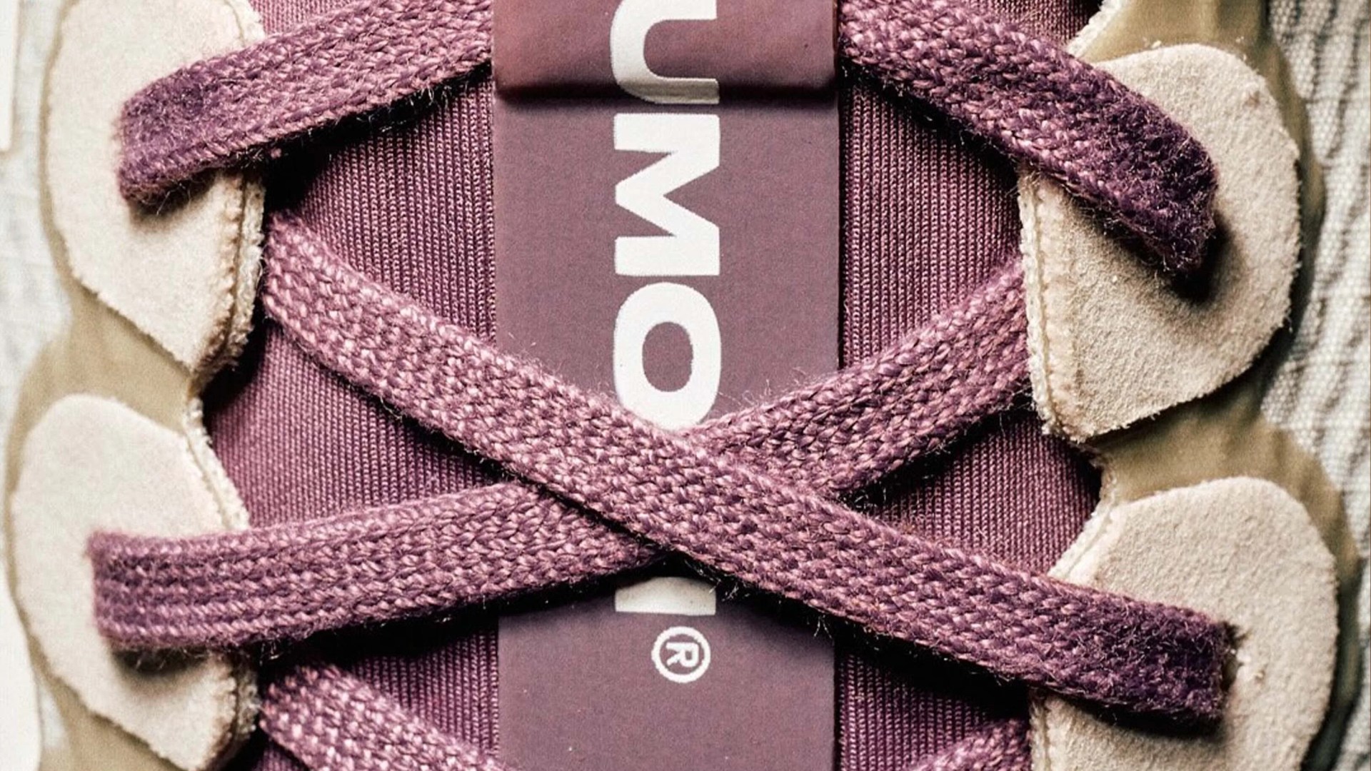 Close-up of purple shoelaces crossed over a purple shoe tongue with beige suede eyelet panels.