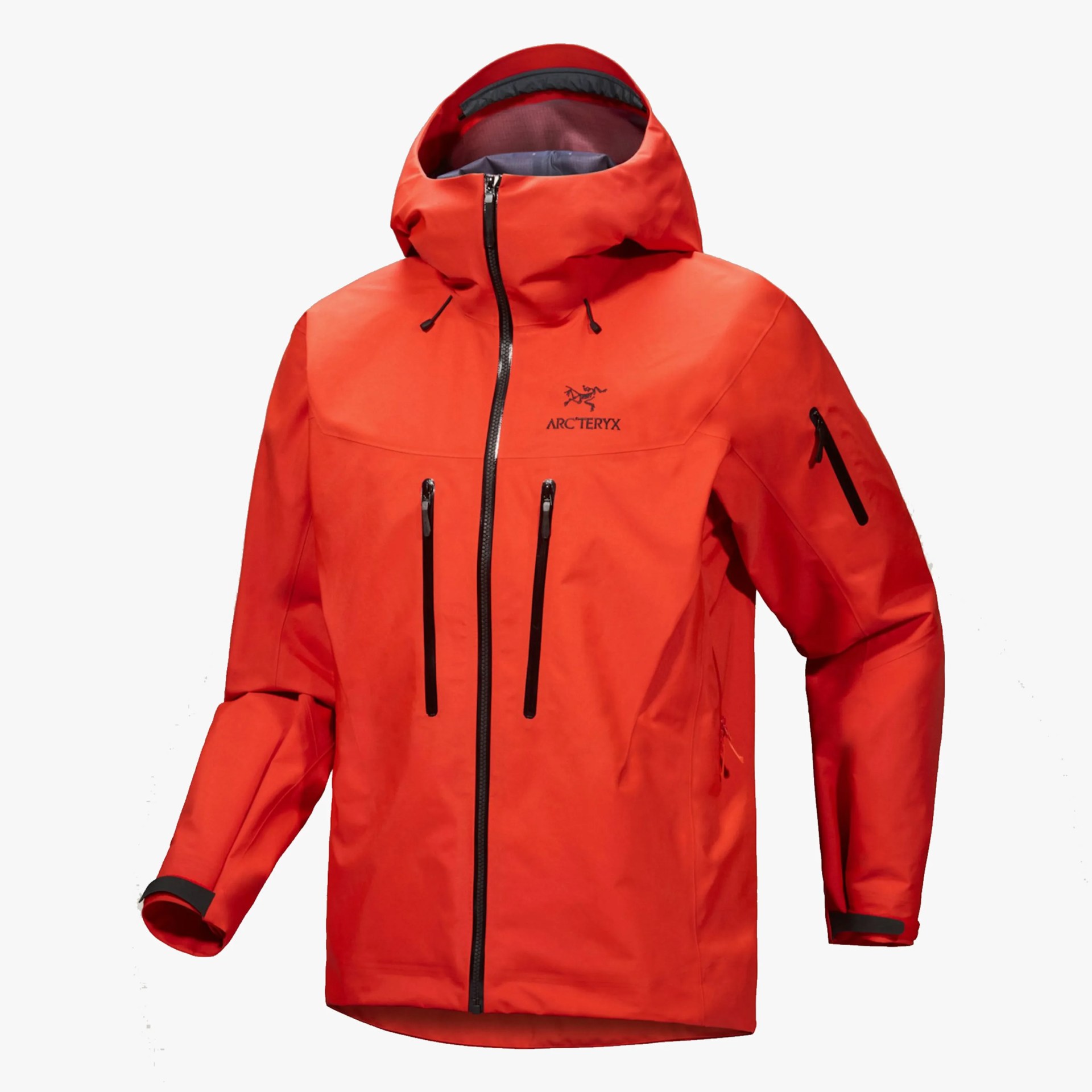 Bright red Arc'teryx waterproof jacket with hood and black zipper details.
