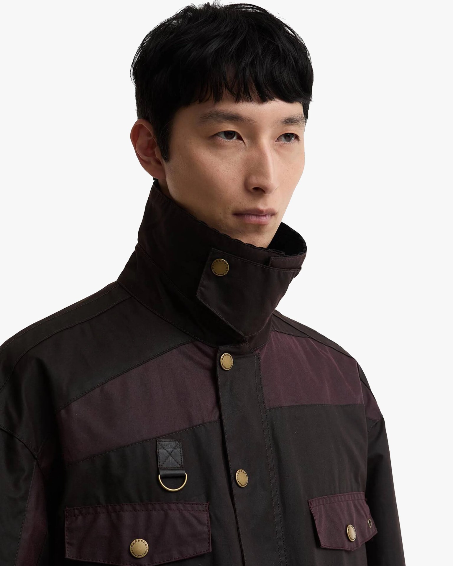 Dark brown and black jacket with high collar and brass snap buttons worn by a person.