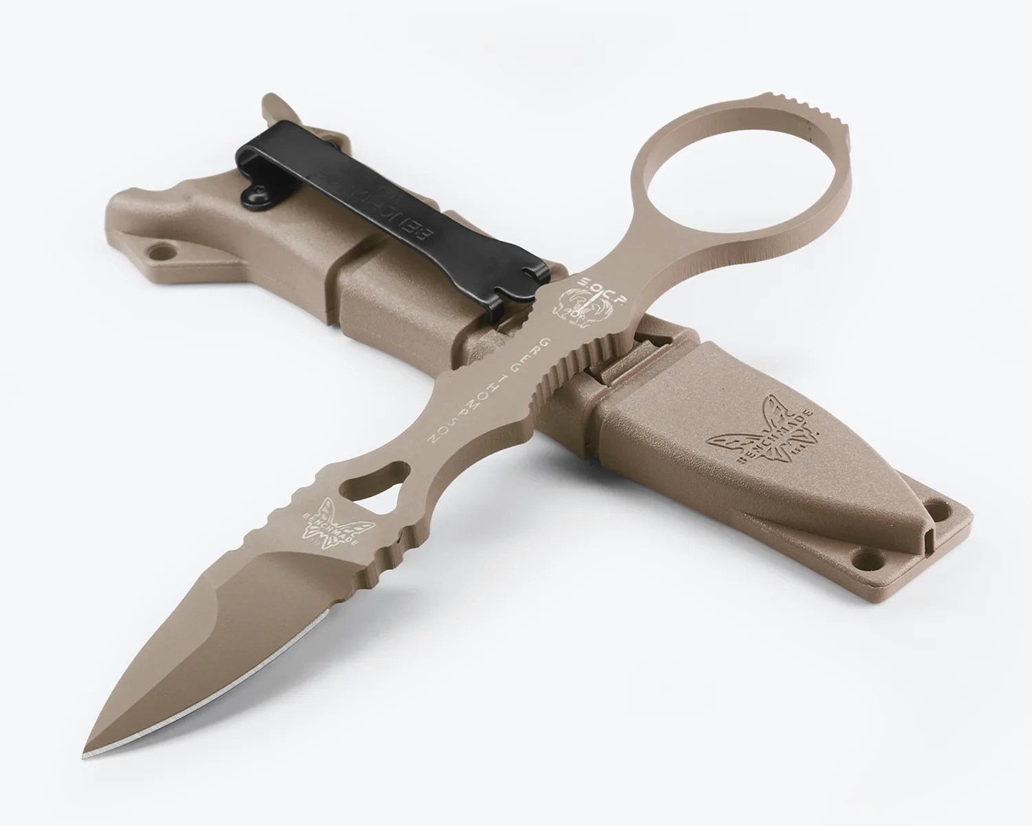 Tan Benchmade fixed blade knife with a finger ring and matching tan sheath with black clip.