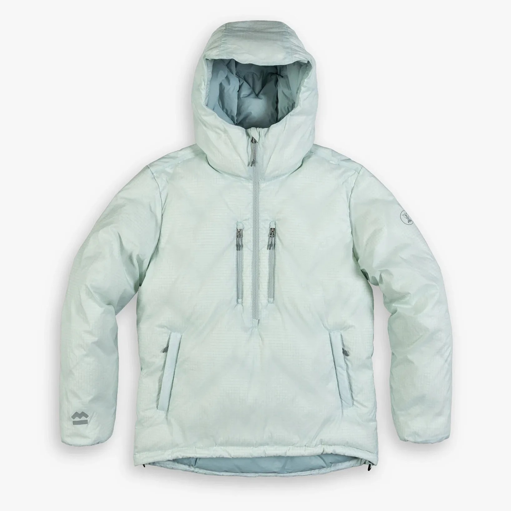 Light blue insulated hooded jacket with front chest and side zip pockets laid flat.