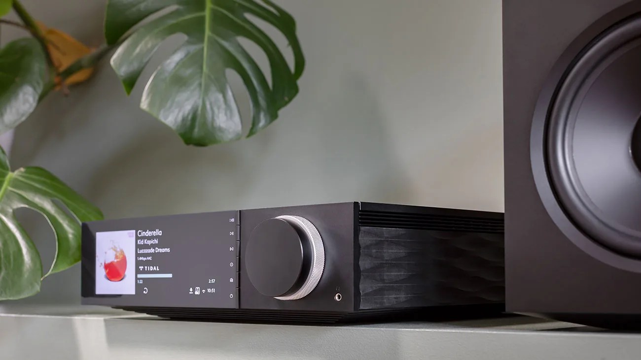 Black audio receiver with a large volume knob and digital display showing a music track, placed on a shelf next to a speaker and green leaves.