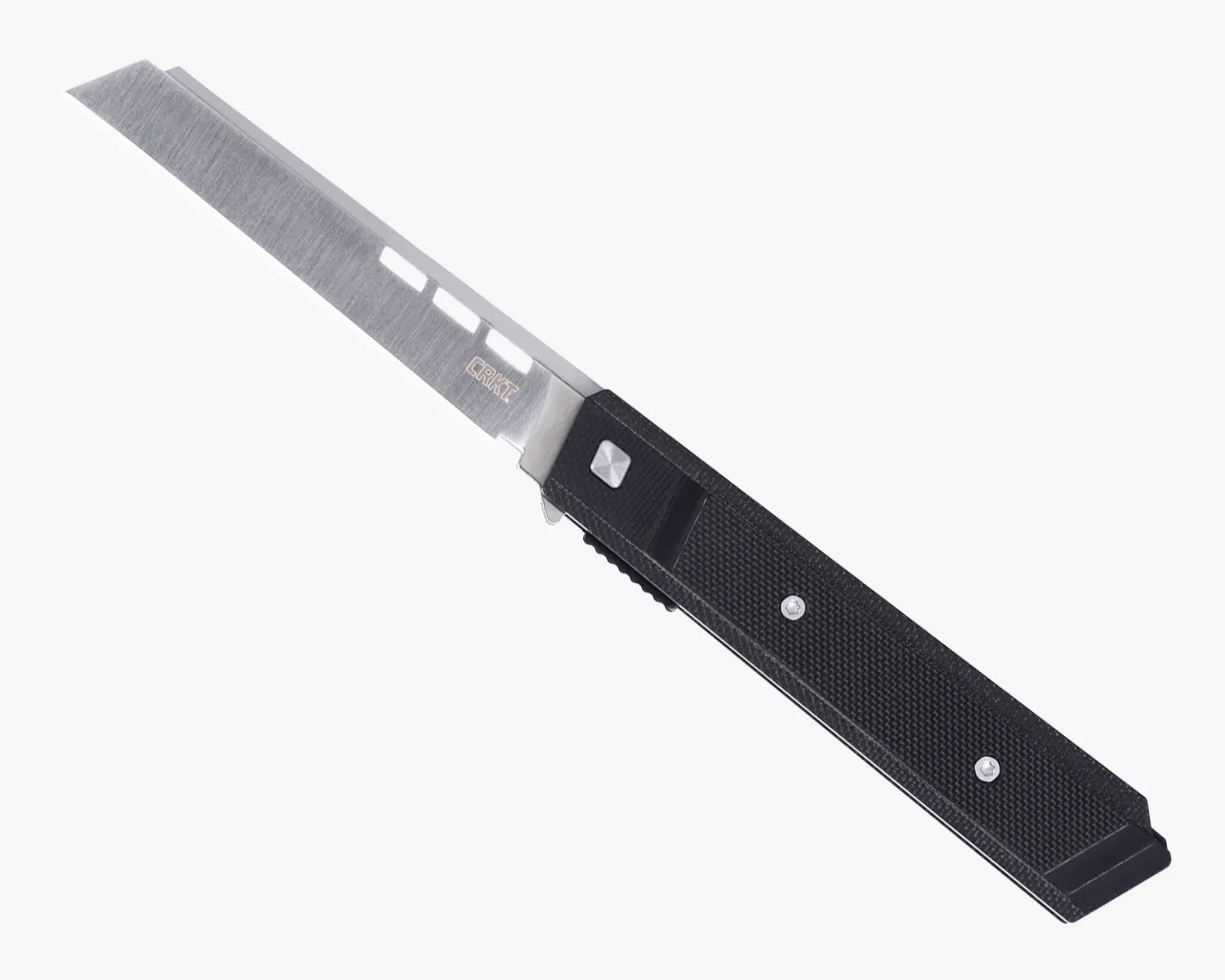 Folding utility knife with a black textured handle and a partially serrated stainless steel blade.