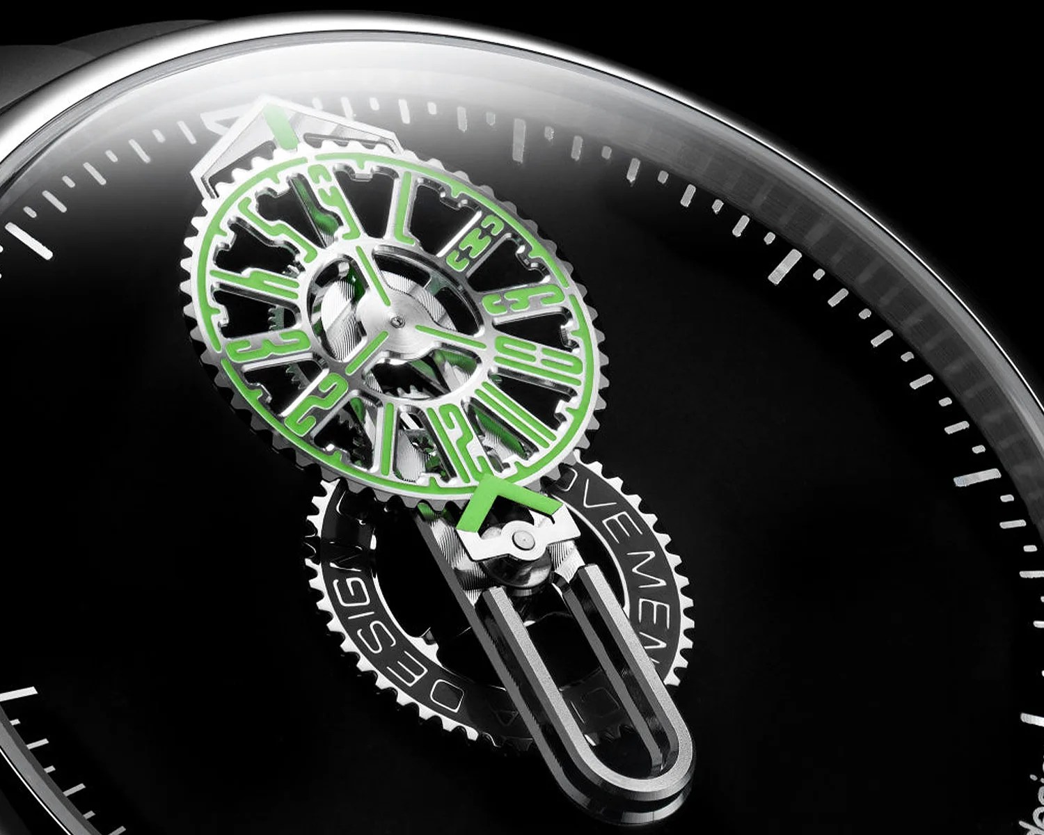 Close-up of a black watch face featuring a green and silver gear-shaped hour indicator with numerals and a silver minute hand.