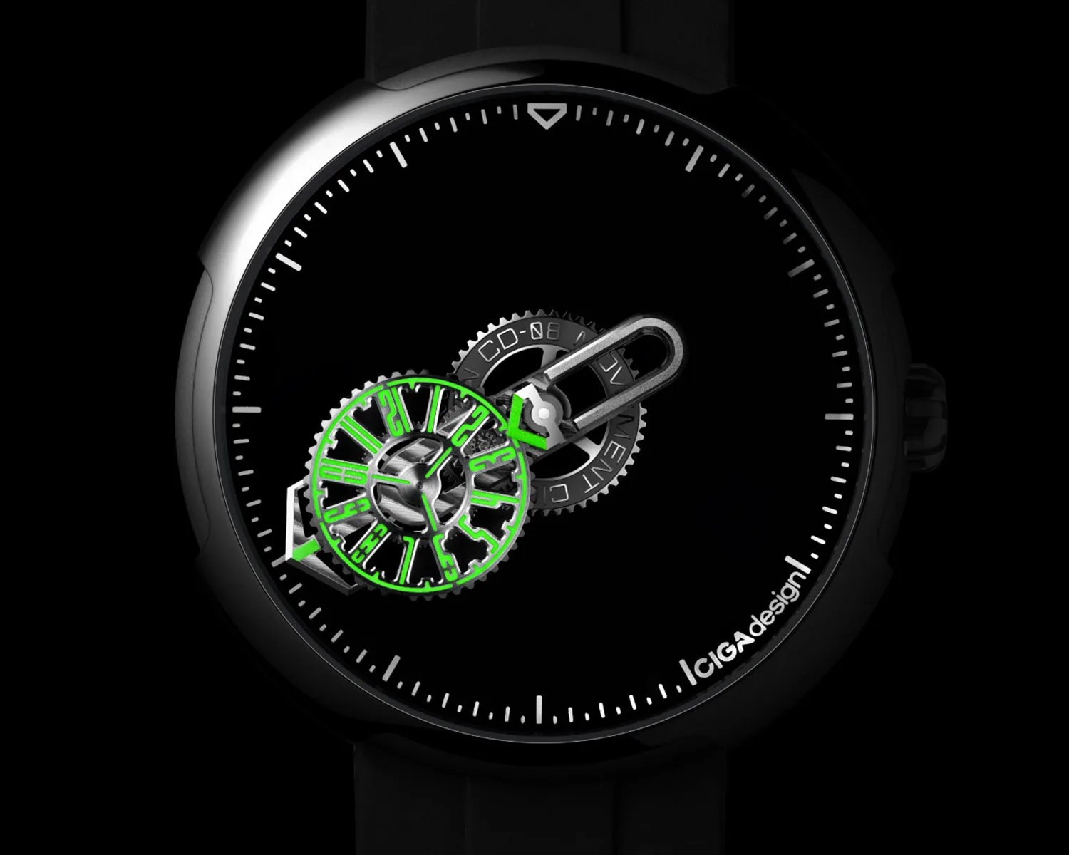Black wristwatch with a minimalist dial featuring green-accented mechanical gears and white minute markers, labeled "CIGA design.