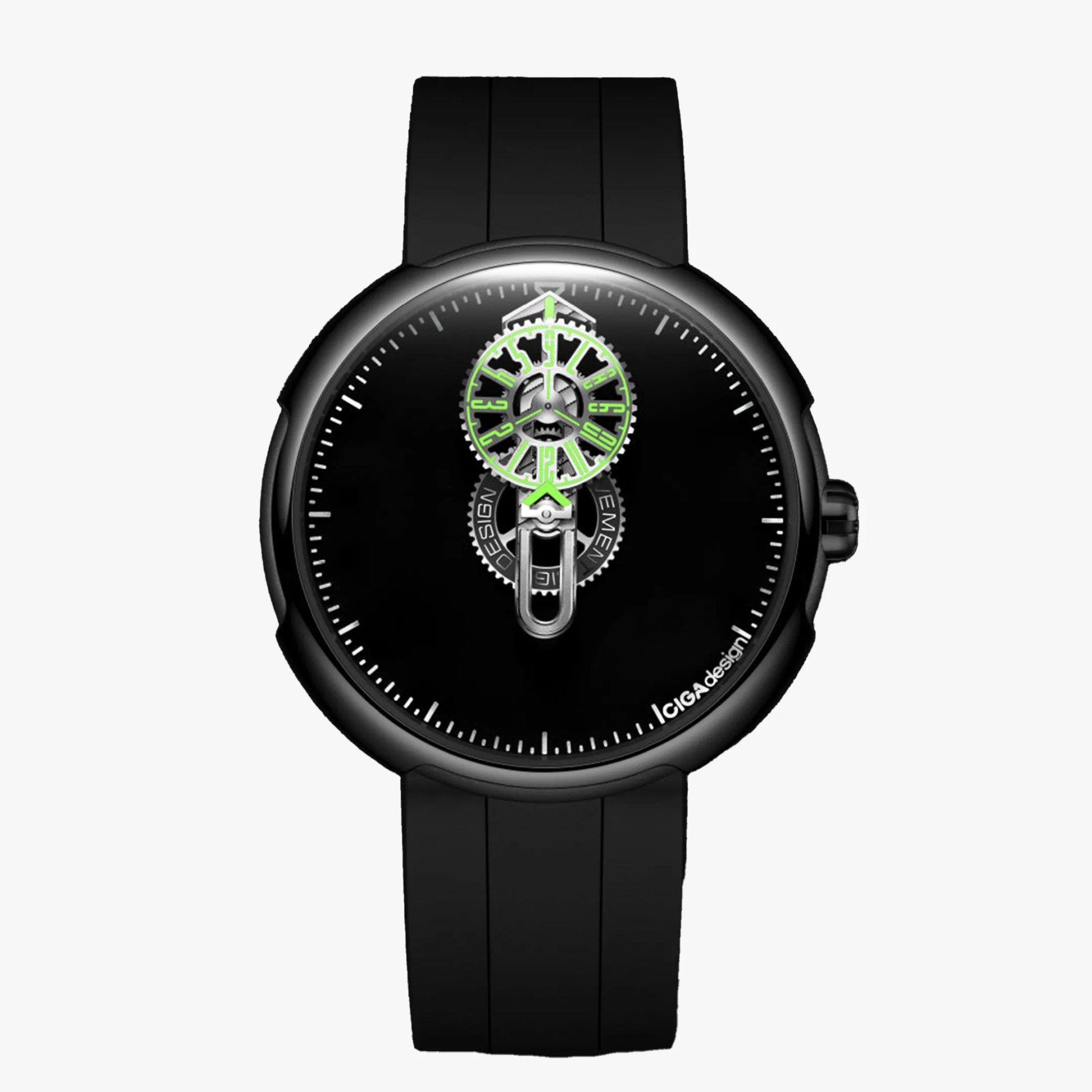 Black wristwatch with a round face, green luminous gear-style hour and minute hands, and a black rubber strap.