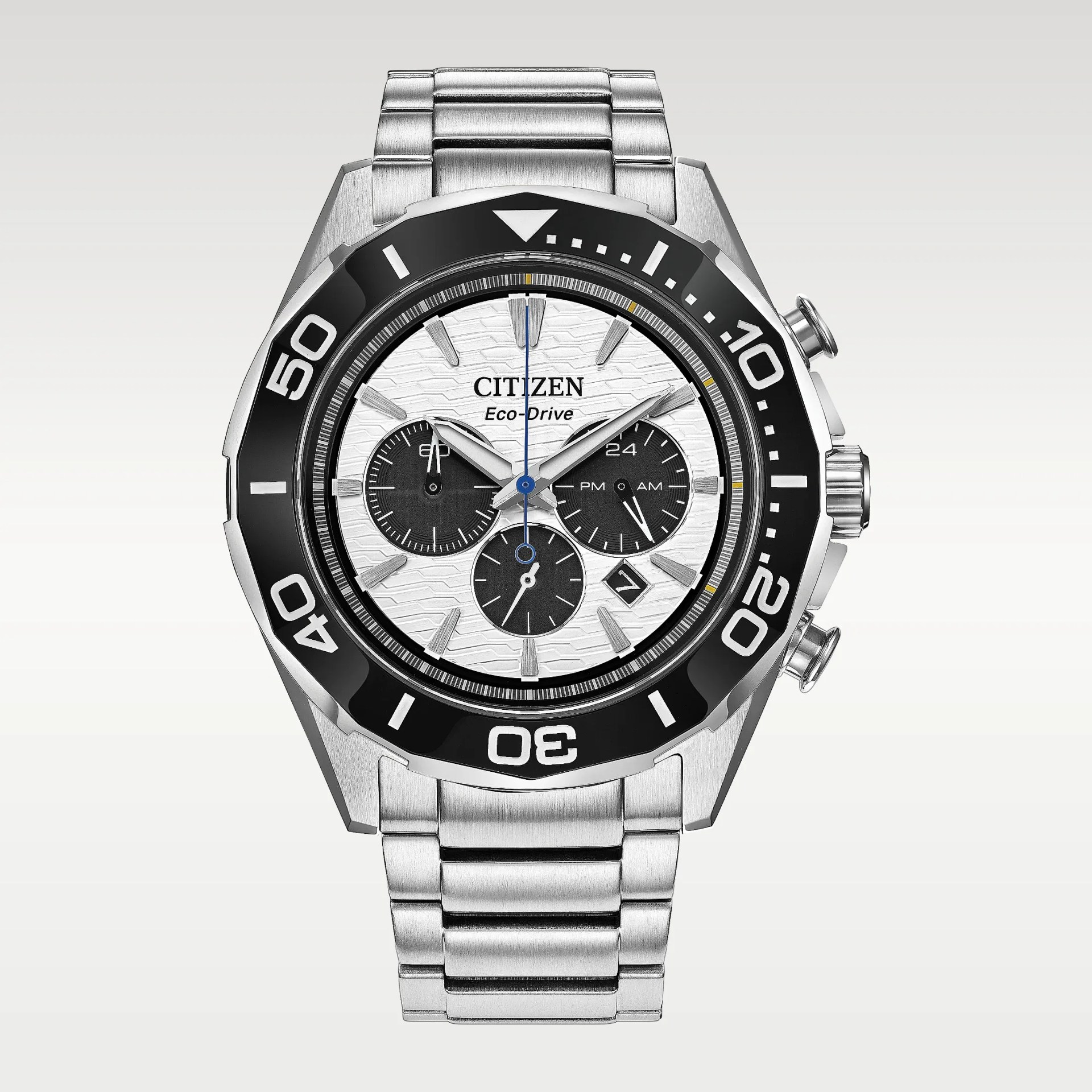 Silver stainless steel Citizen Eco-Drive watch with white textured dial and black subdials.