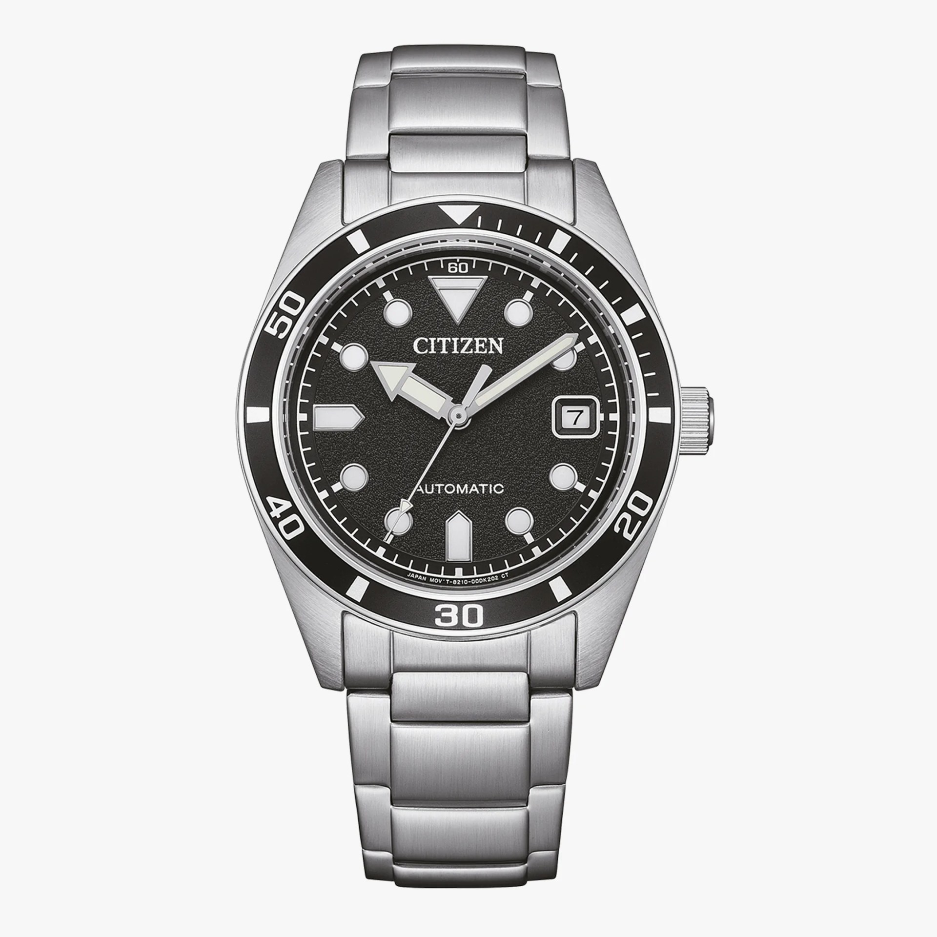 Silver stainless steel Citizen automatic wristwatch with black textured dial and date window at 3 o'clock.