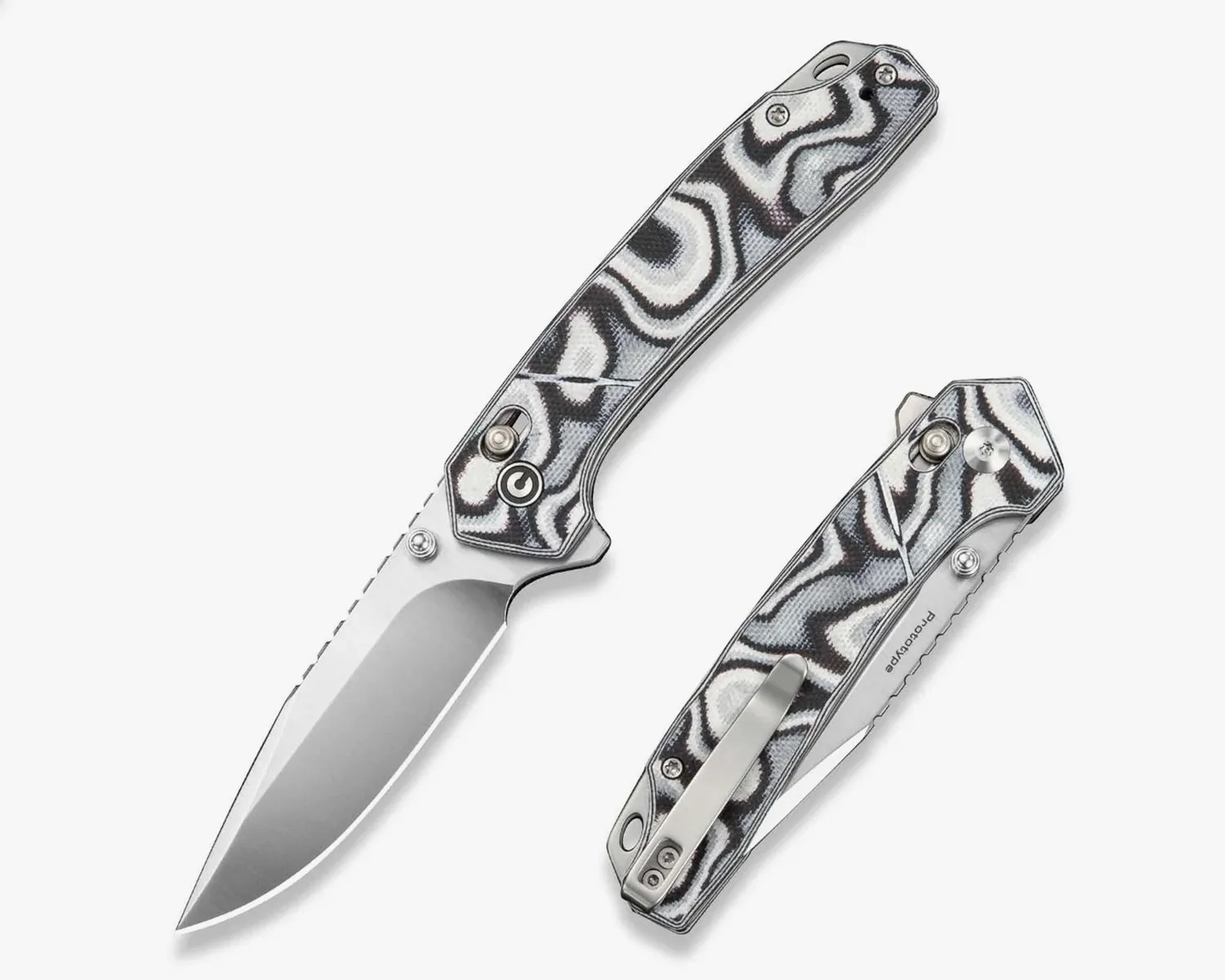 Two folding knives with black and white patterned handles, one open showing a silver blade and the other closed with a pocket clip.