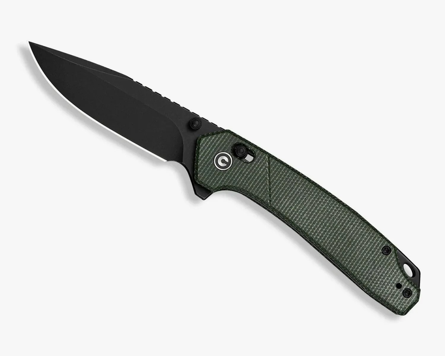 Folding knife with black blade and textured dark green handle featuring a circular logo.