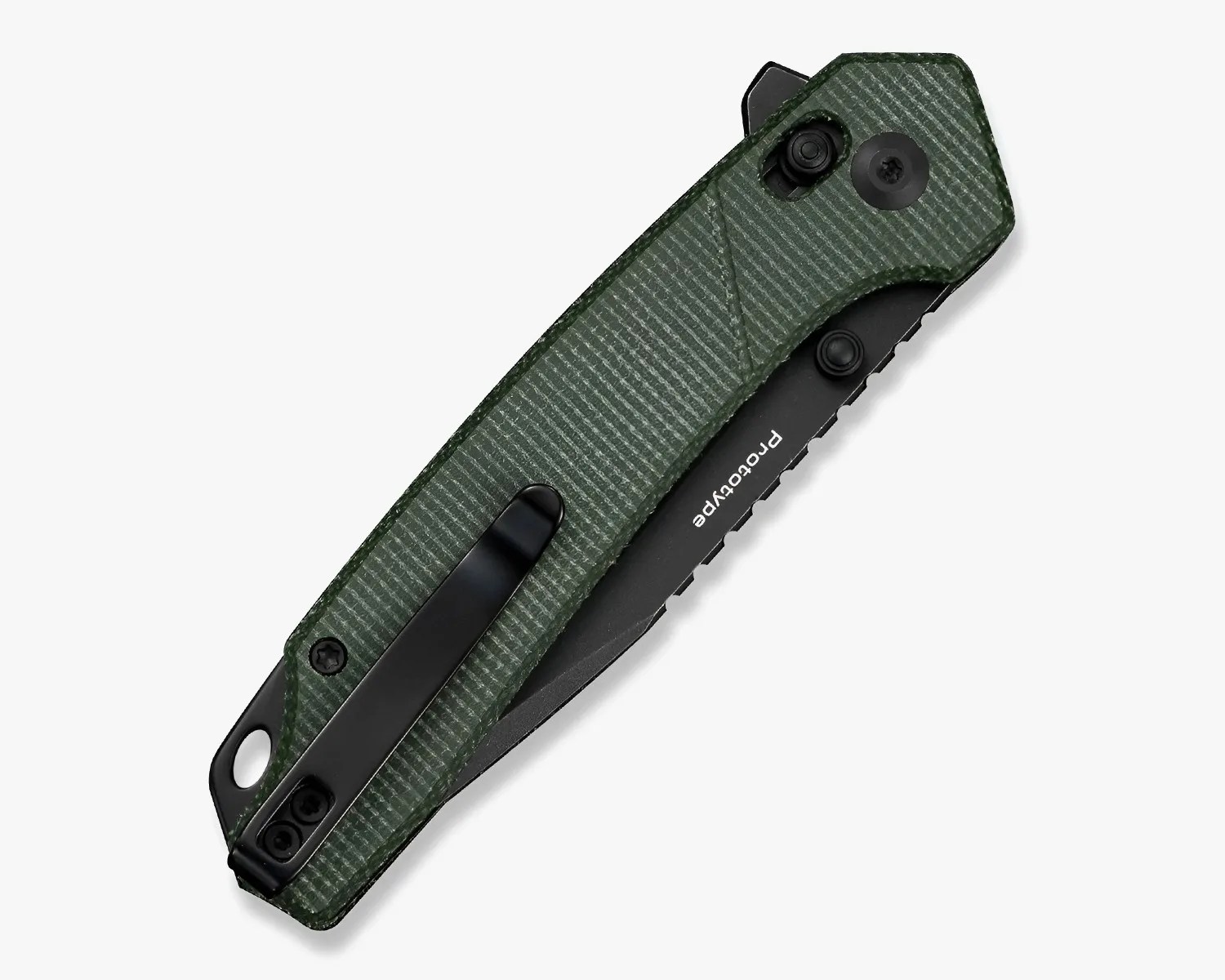 Folded tactical folding knife with textured dark green handle and black clip.