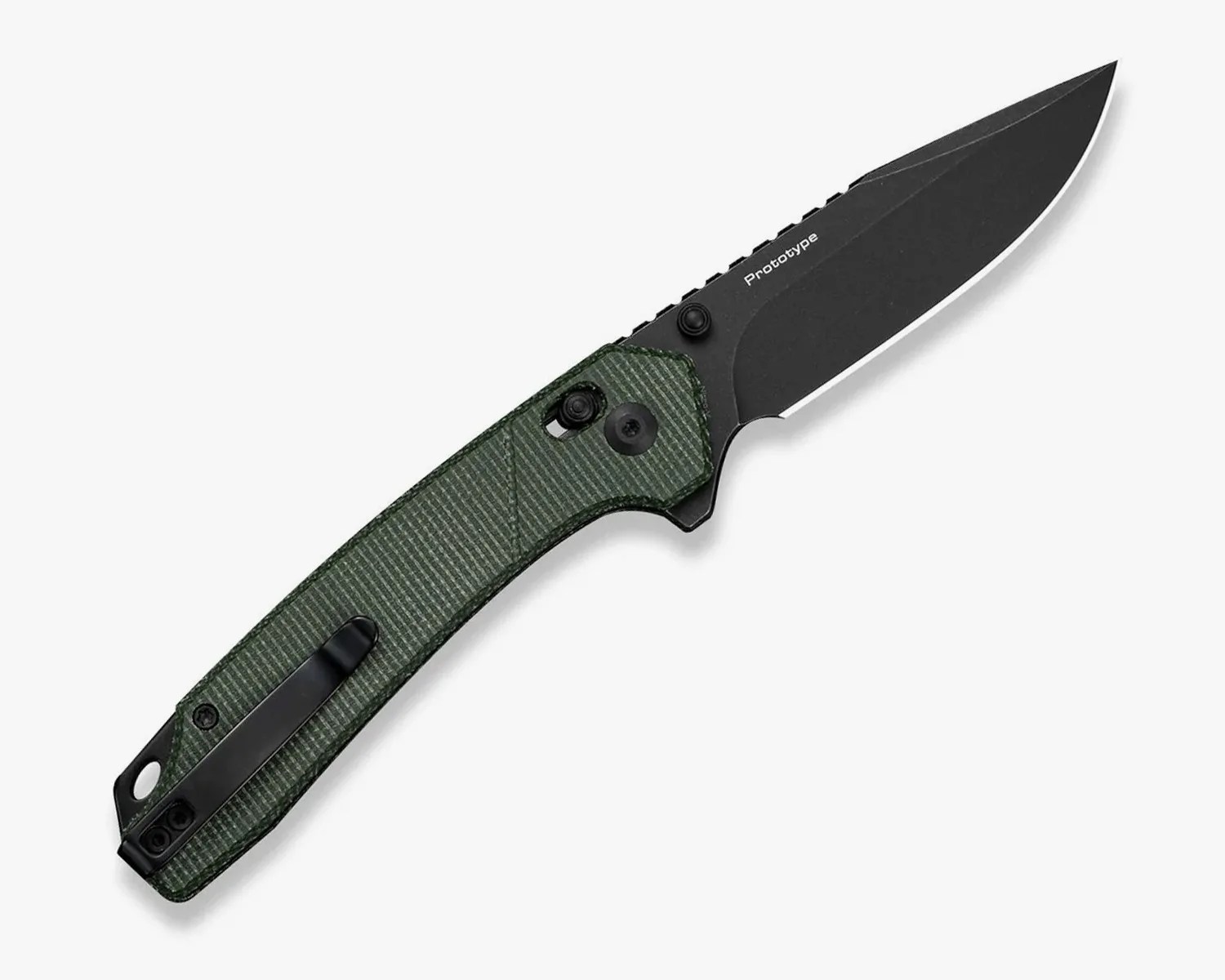 Folding knife with black blade labeled "Prototype" and textured dark green handle with black clip.