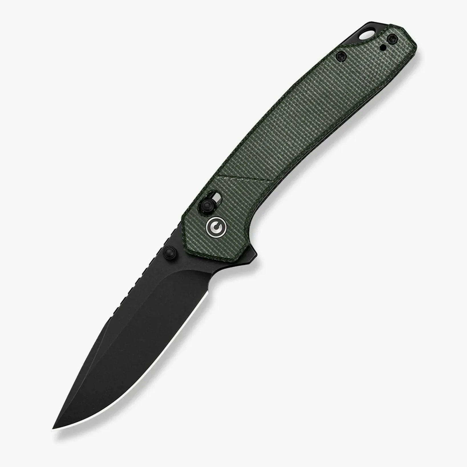 Folding knife with black blade and textured dark green handle on white background.