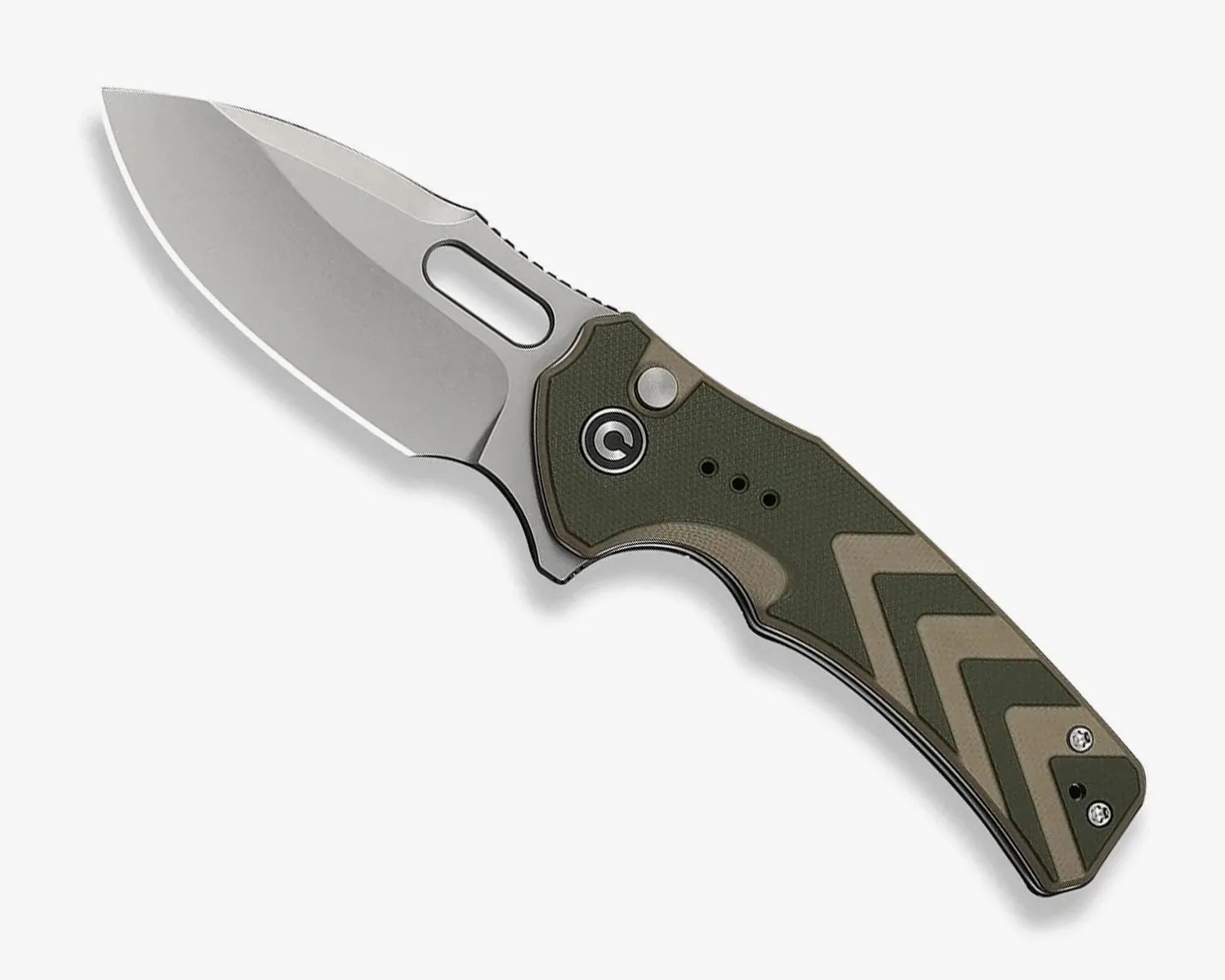 Folding knife with a silver blade and an olive green handle featuring tan chevron patterns.