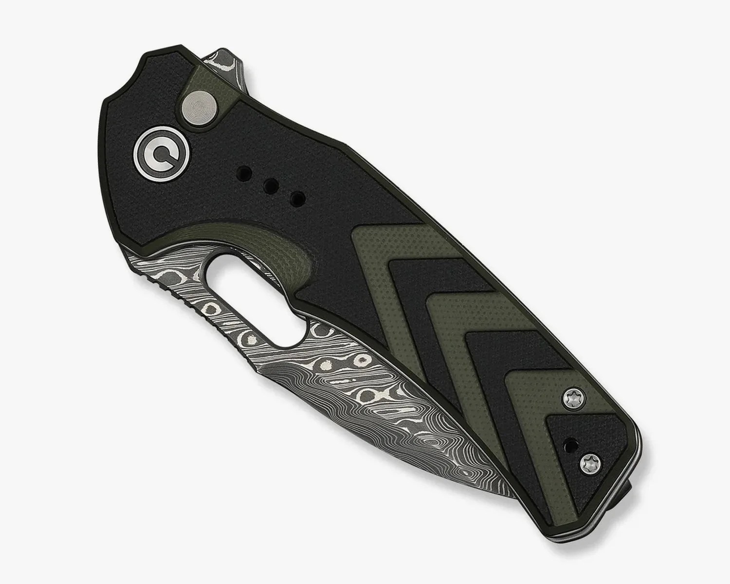 Folded black and olive green folding knife with a patterned Damascus steel blade partially visible.